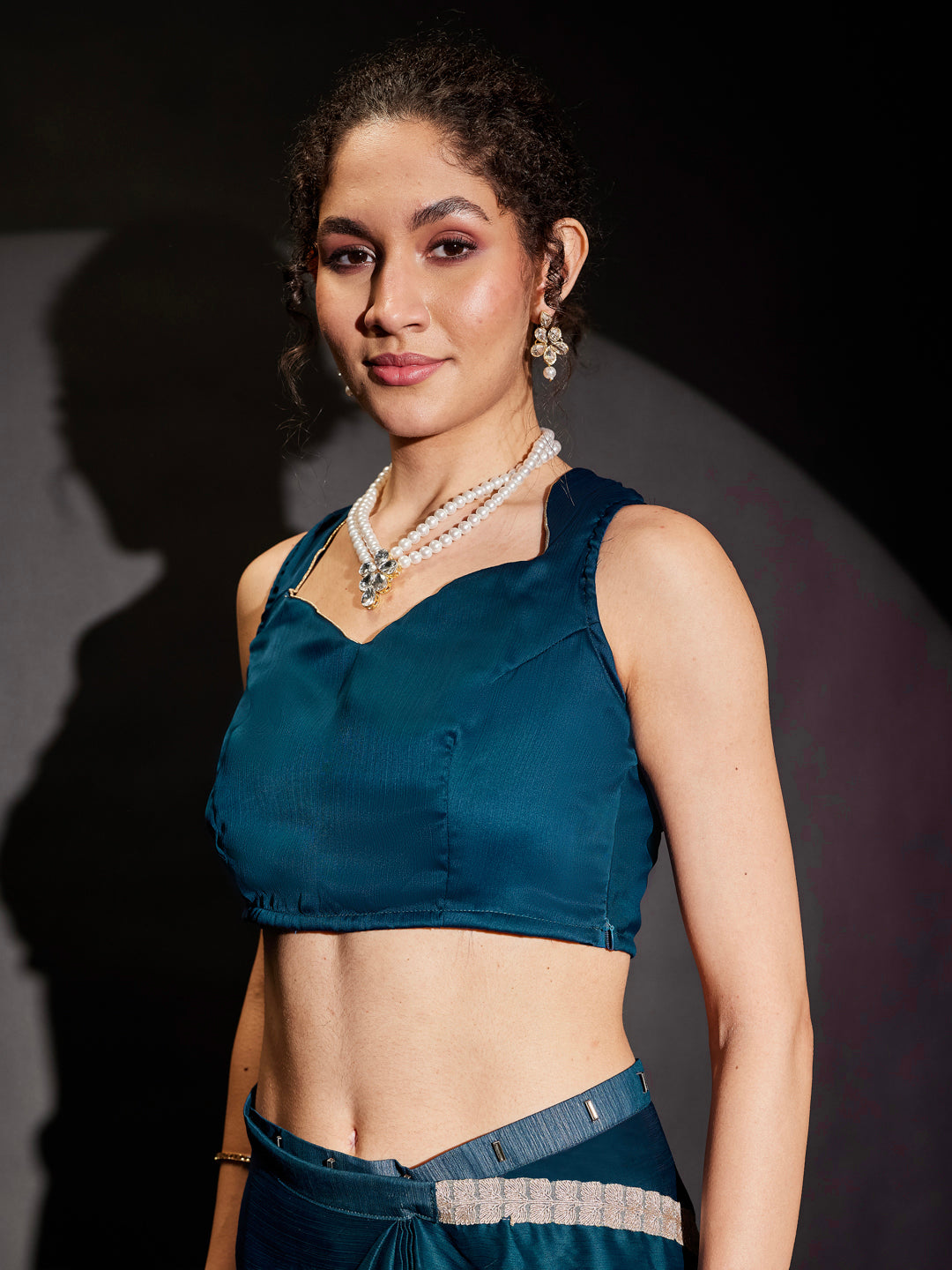 Ninnique Women's Teal Blue Silk Blend Ready To Wear Embellished Saree with Unstitched Blouse