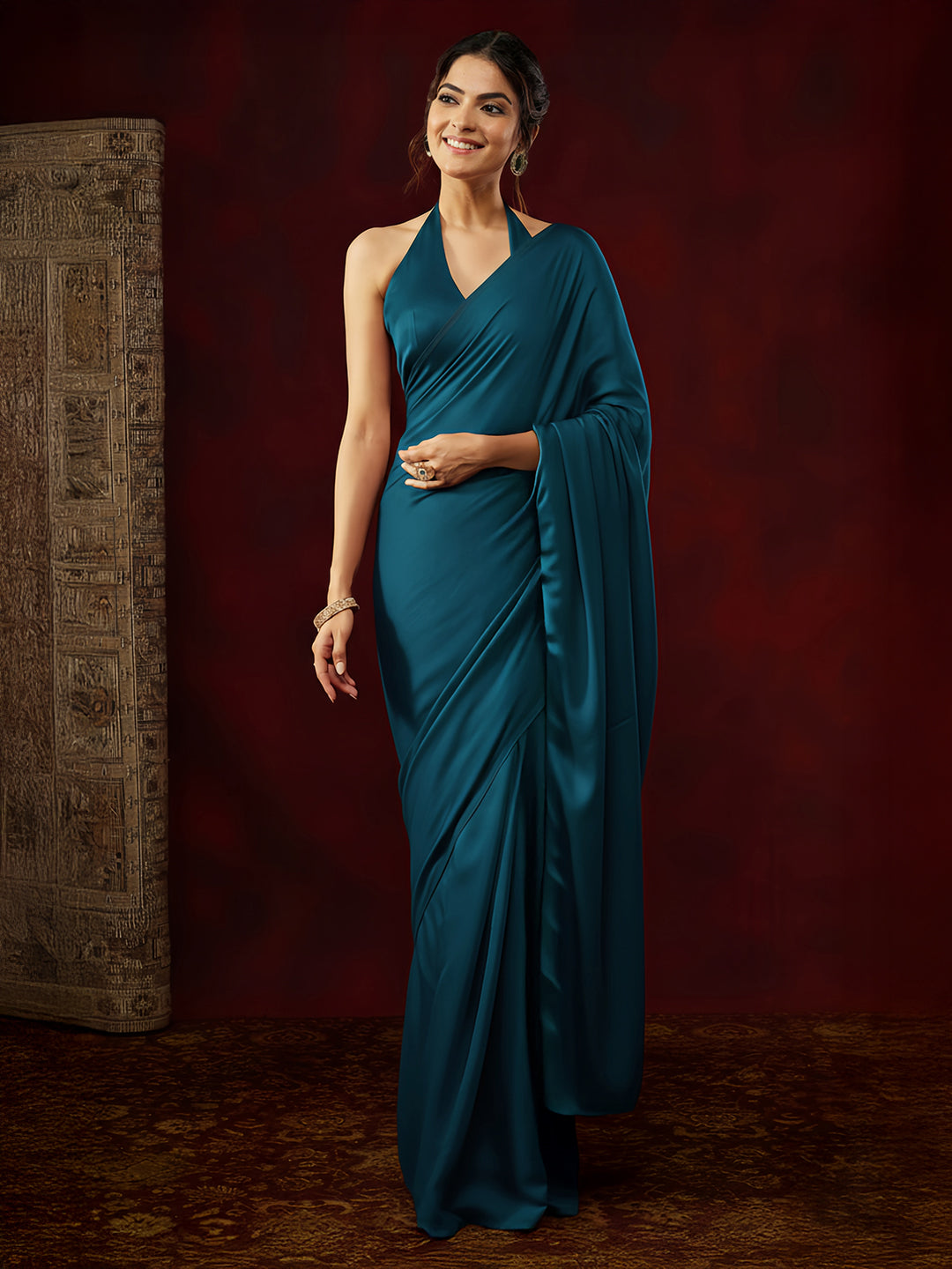 Ninnique Women's Turquoise Satin Ready To Wear Soild Saree with Unstitched Blouse