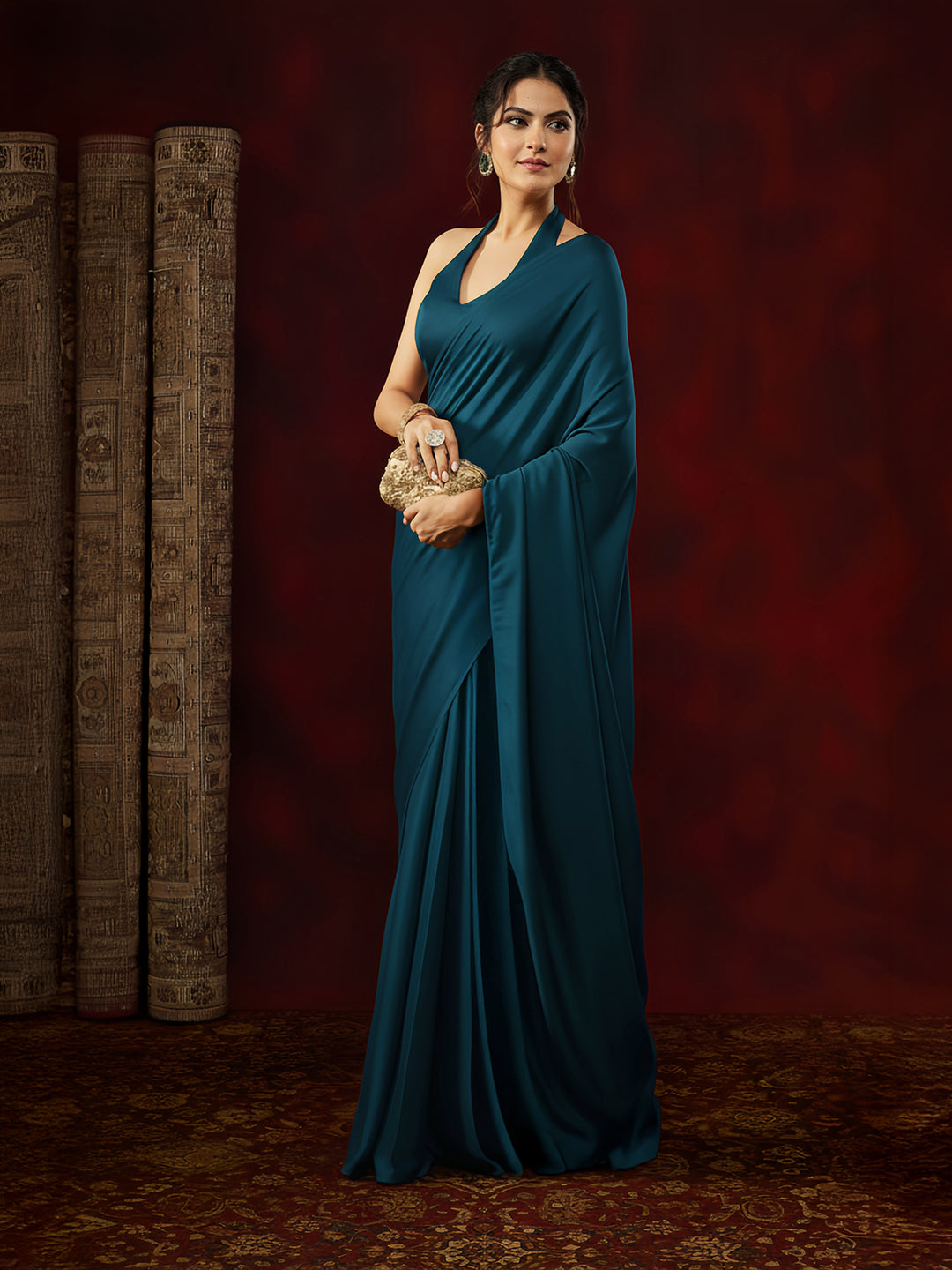 Ninnique Women's Turquoise Satin Ready To Wear Soild Saree with Unstitched Blouse
