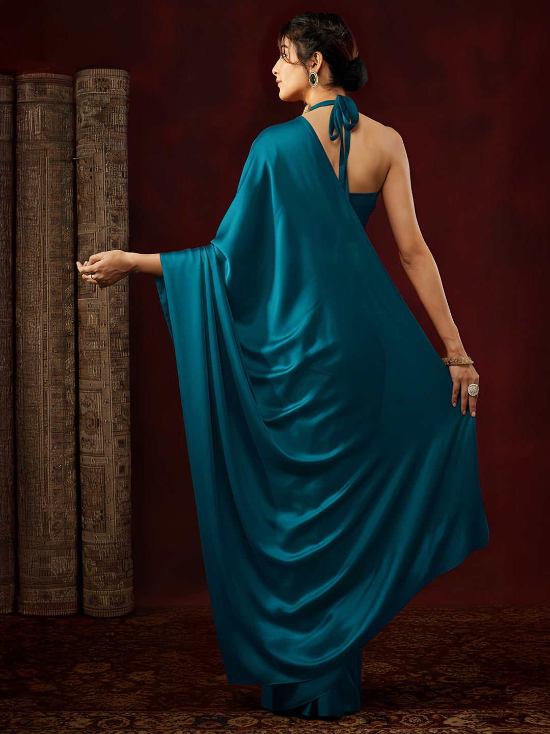 Ninnique Women's Turquoise Satin Ready To Wear Soild Saree with Unstitched Blouse