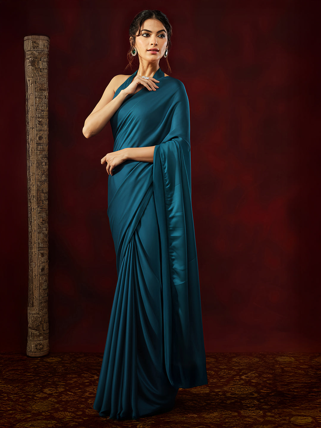 Ninnique Women's Turquoise Satin Ready To Wear Soild Saree with Unstitched Blouse