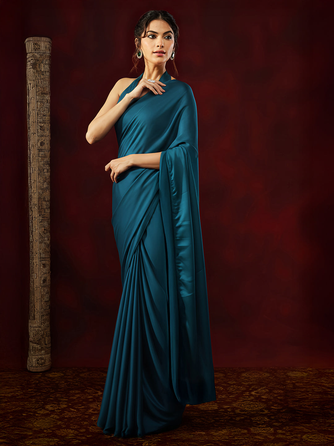 Ninnique Women's Turquoise Satin Ready To Wear Soild Saree with Unstitched Blouse