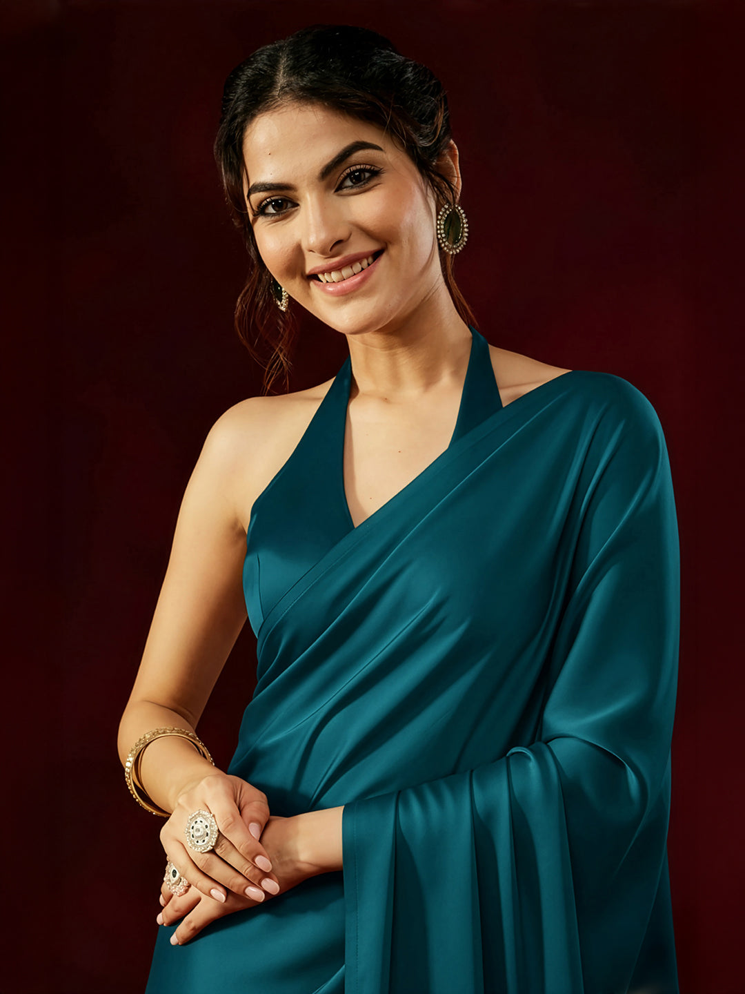 Ninnique Women's Turquoise Satin Ready To Wear Soild Saree with Unstitched Blouse