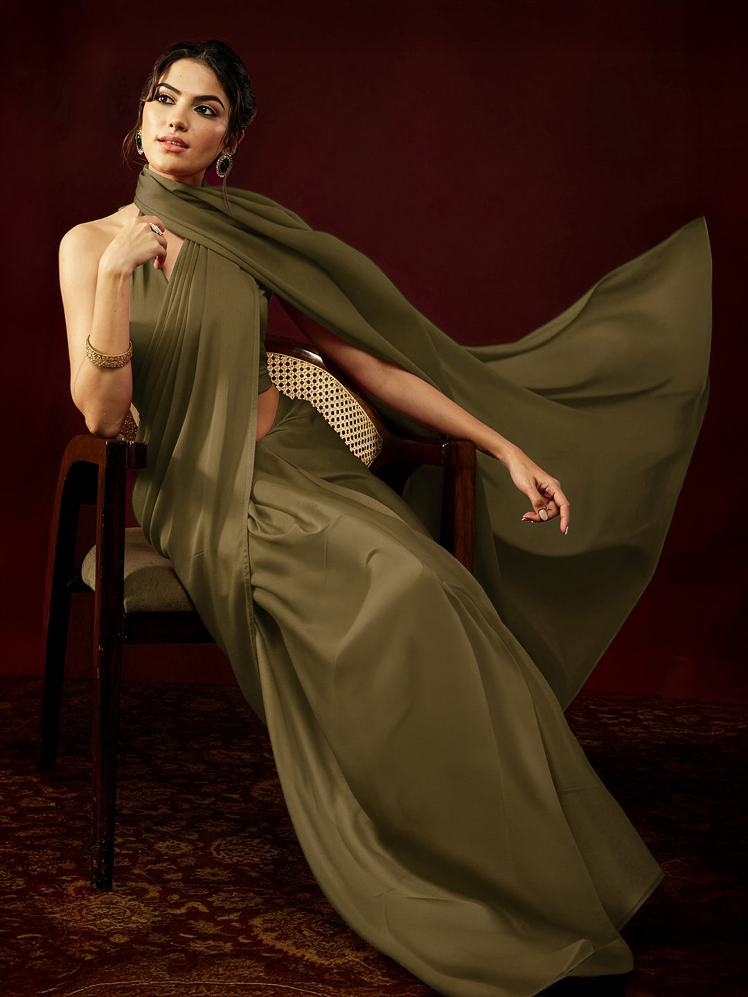 Ninnique Women's Olive Satin Ready To Wear Saree with Unstitched Blouse