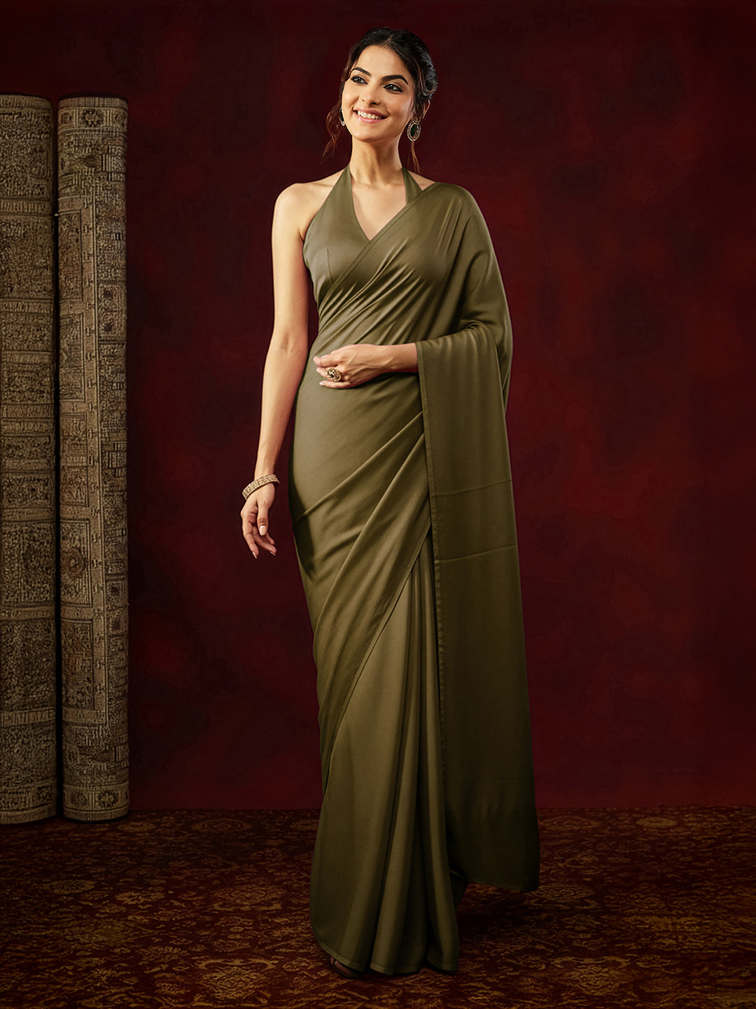 Ninnique Women's Olive Satin Ready To Wear Saree with Unstitched Blouse