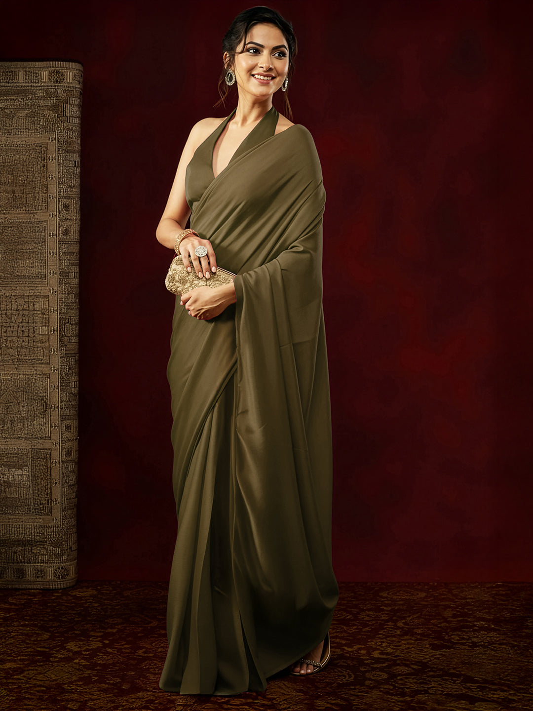 Ninnique Women's Olive Satin Ready To Wear Saree with Unstitched Blouse