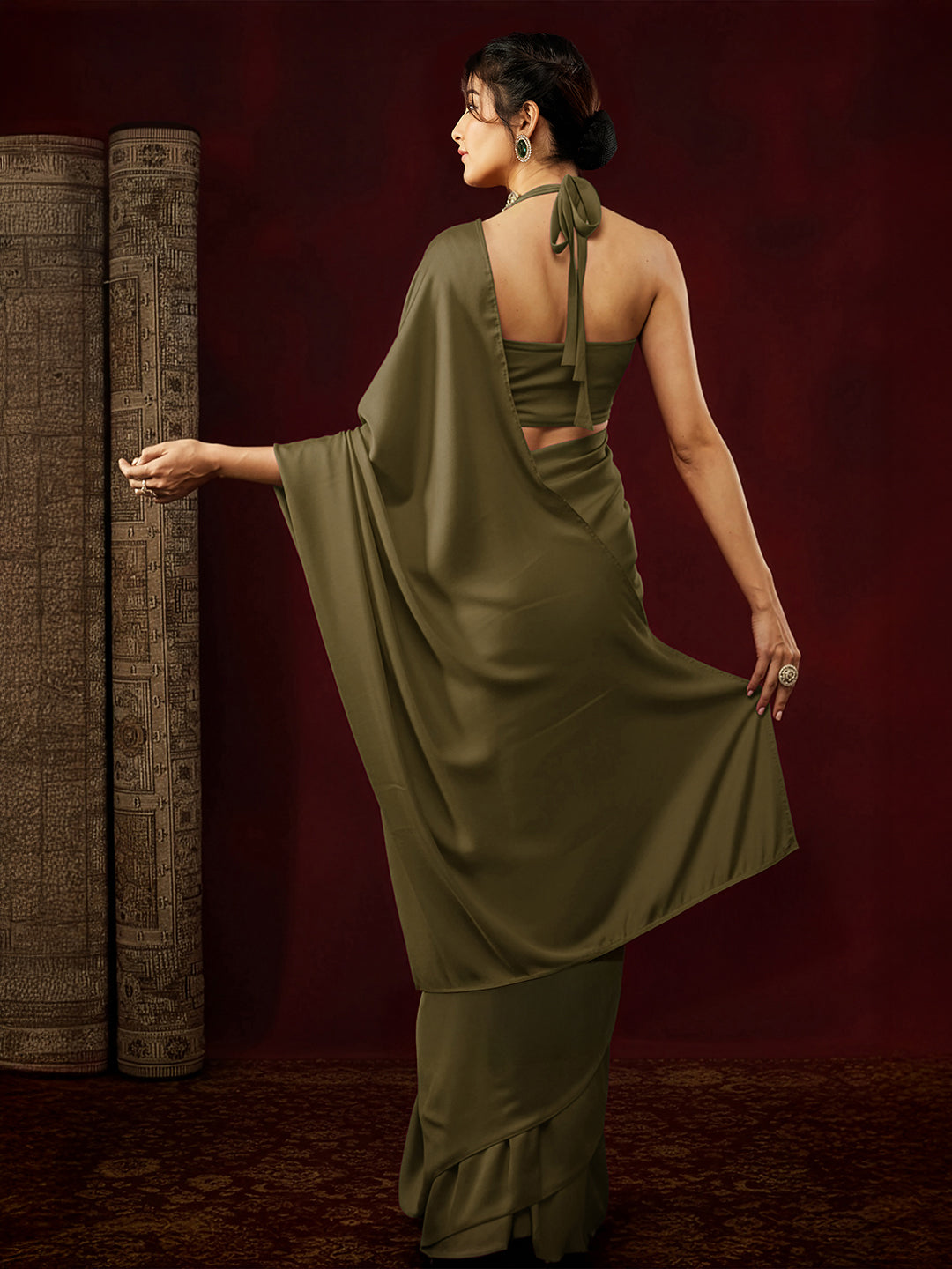 Ninnique Women's Olive Satin Ready To Wear Saree with Unstitched Blouse