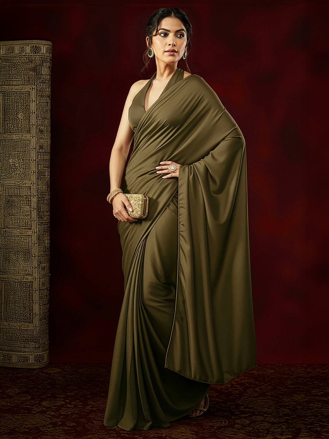 Ninnique Women's Olive Satin Ready To Wear Saree with Unstitched Blouse