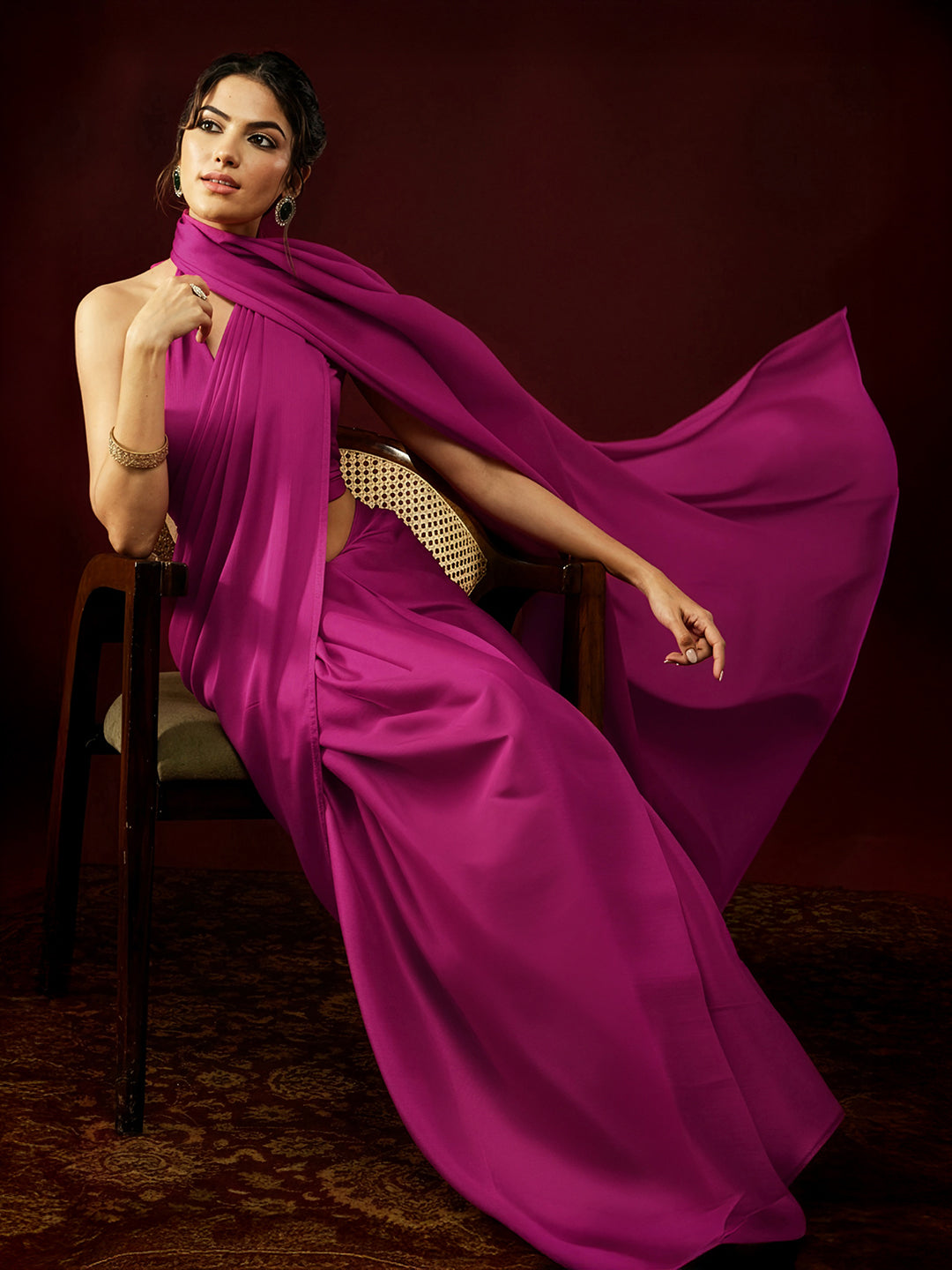 Ninnique Women's Turquoise Satin Ready To Wear Solid Saree with Unstitched Blouse