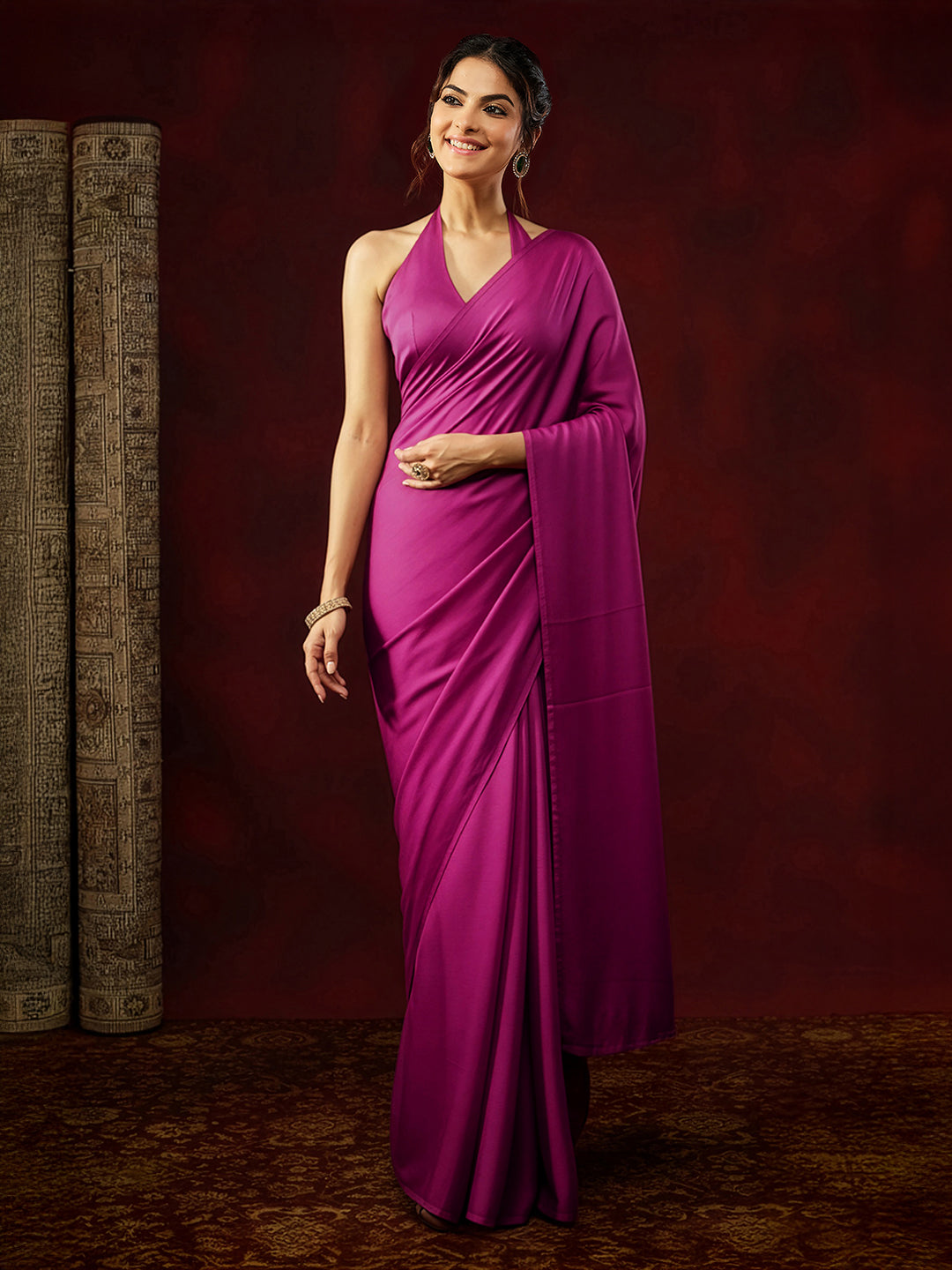 Ninnique Women's Turquoise Satin Ready To Wear Solid Saree with Unstitched Blouse