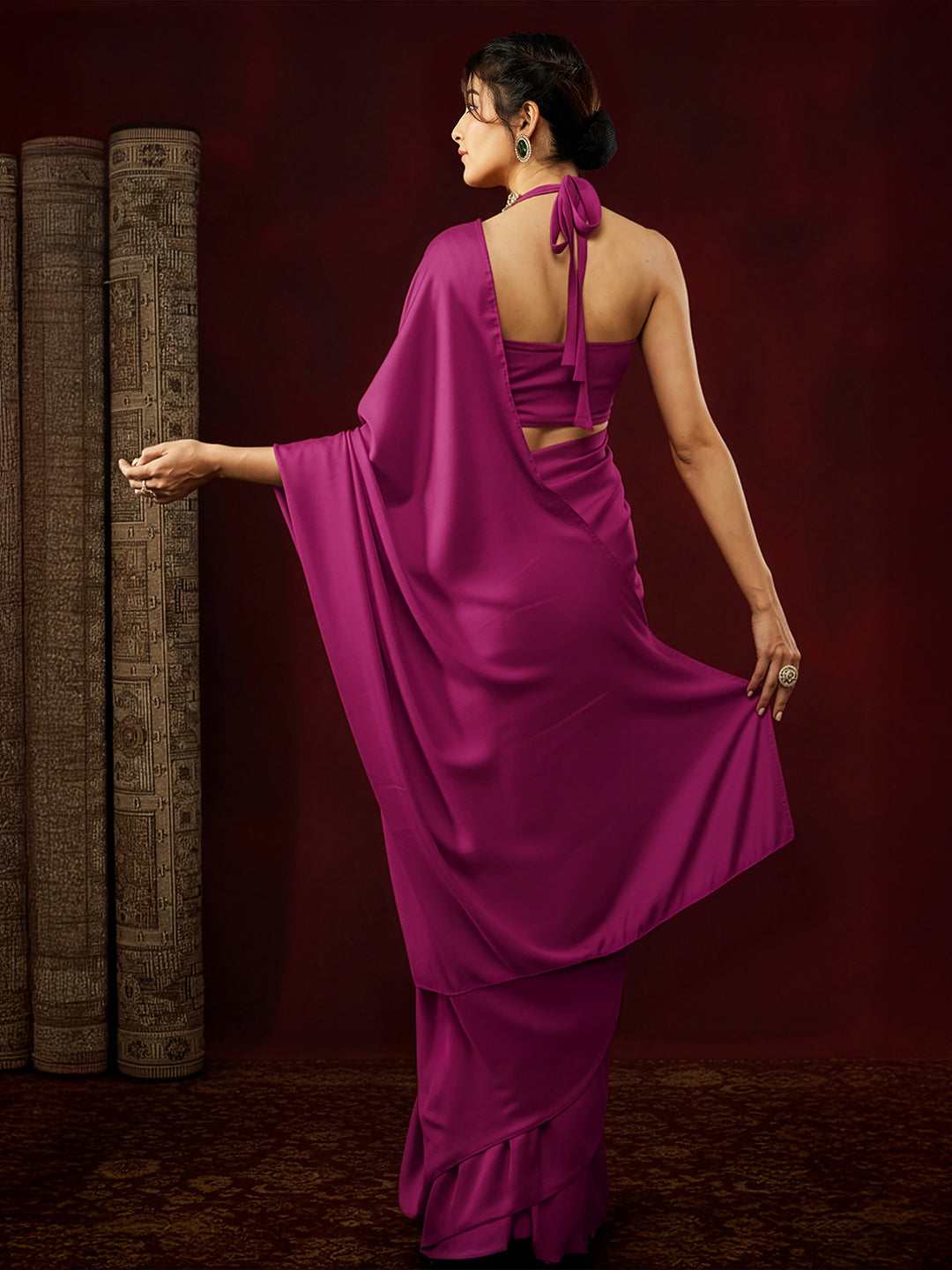 Ninnique Women's Turquoise Satin Ready To Wear Solid Saree with Unstitched Blouse