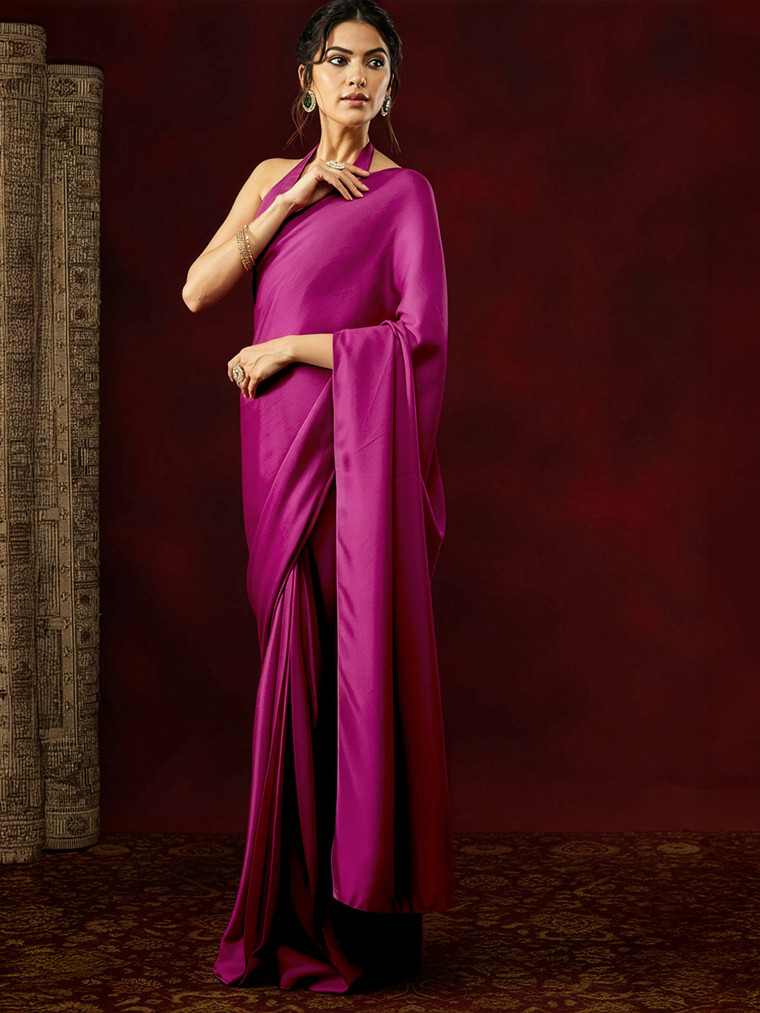Ninnique Women's Turquoise Satin Ready To Wear Solid Saree with Unstitched Blouse