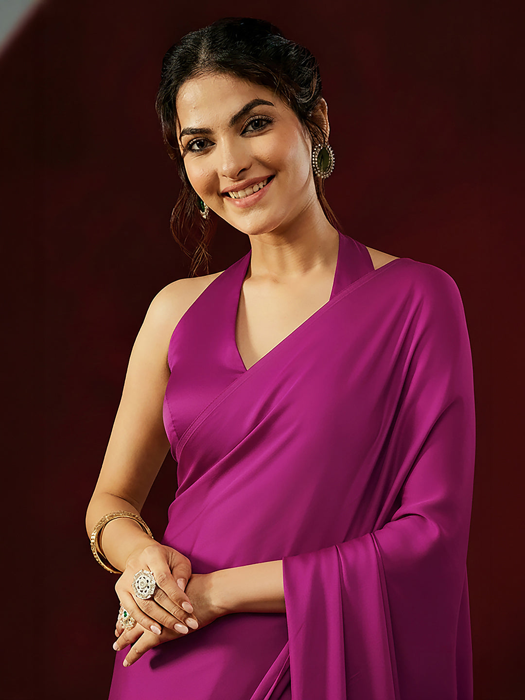Ninnique Women's Turquoise Satin Ready To Wear Solid Saree with Unstitched Blouse