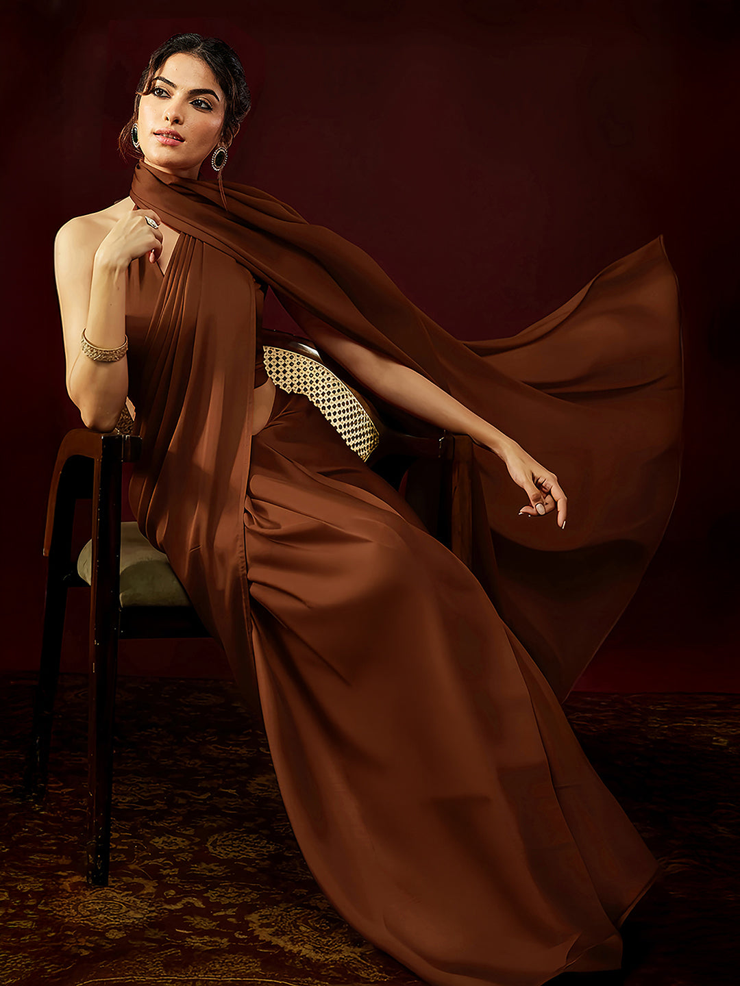 Ninnique Women's Rust Satin Ready To Wear Saree with Unstitched Blouse