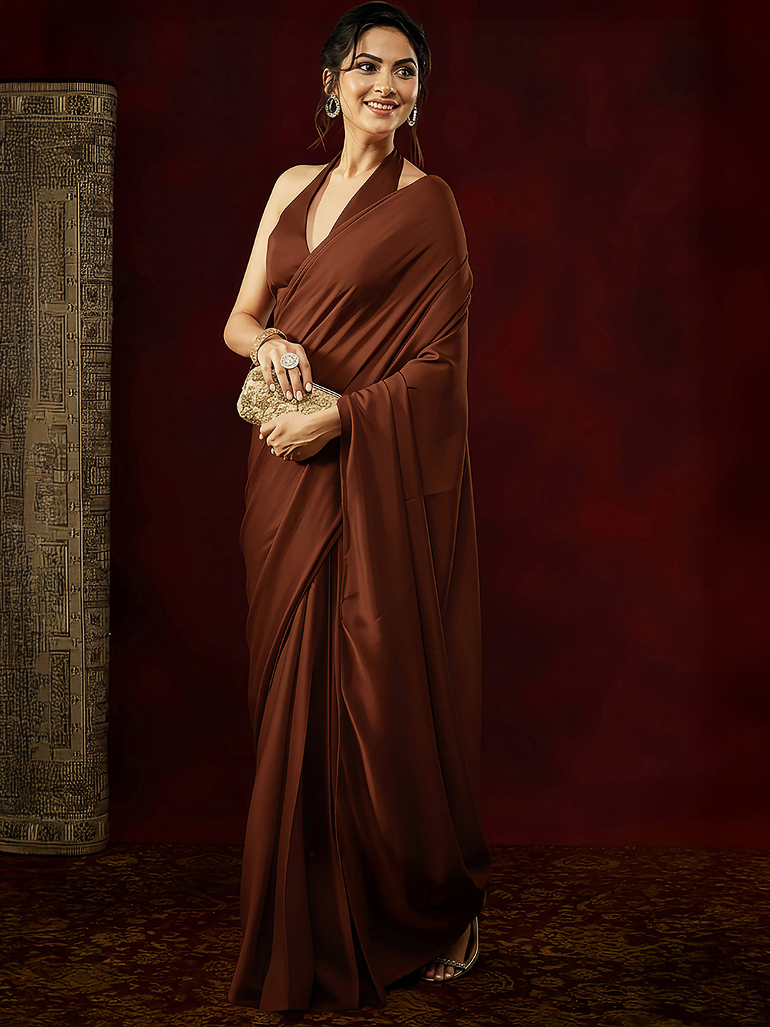 Ninnique Women's Rust Satin Ready To Wear Saree with Unstitched Blouse