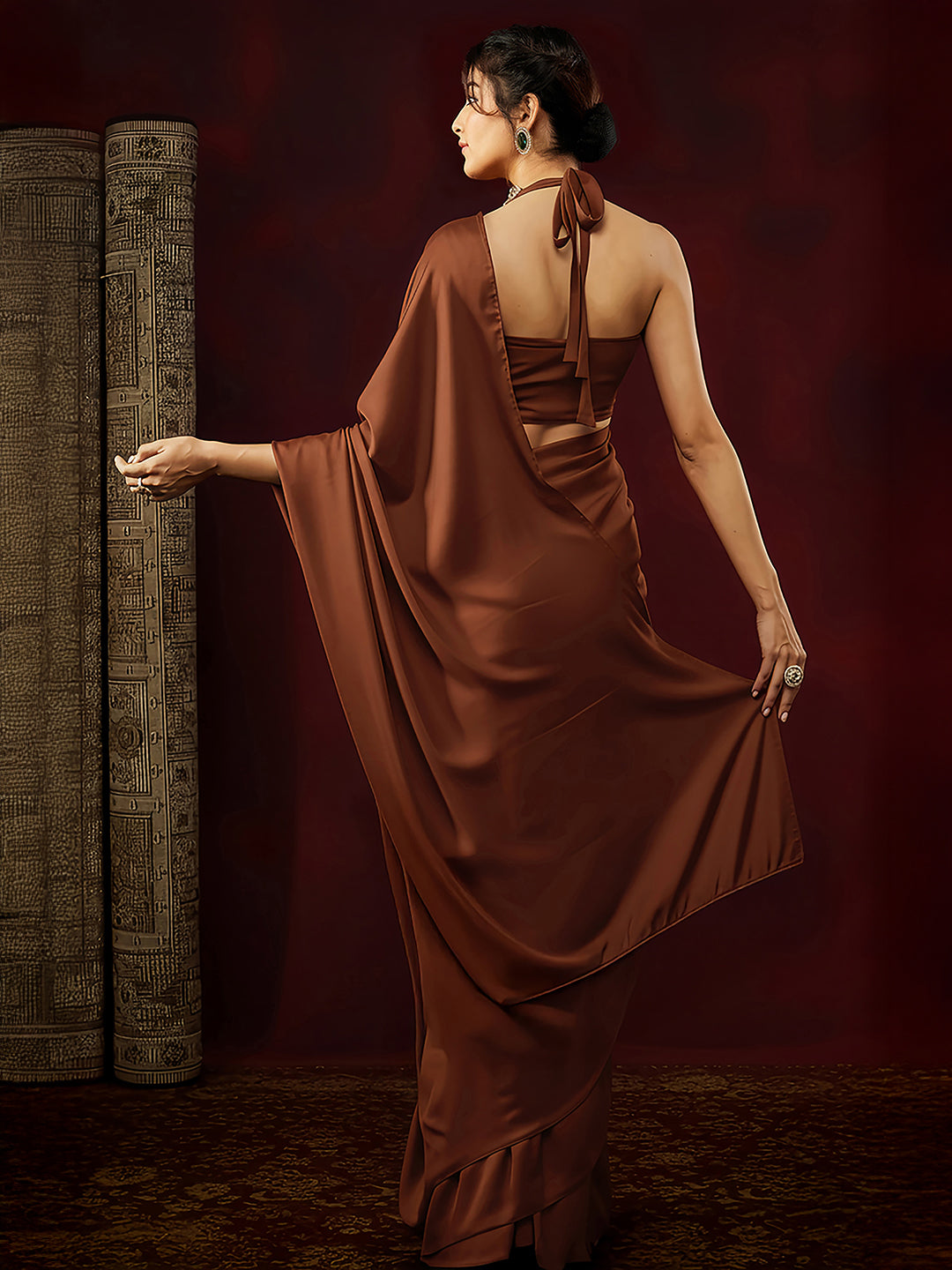 Ninnique Women's Rust Satin Ready To Wear Saree with Unstitched Blouse