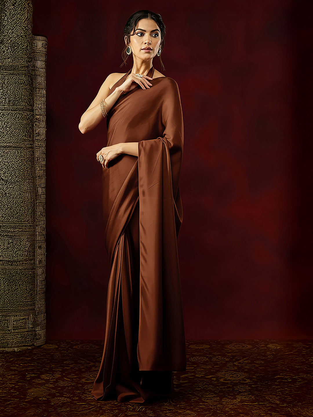 Ninnique Women's Rust Satin Ready To Wear Saree with Unstitched Blouse