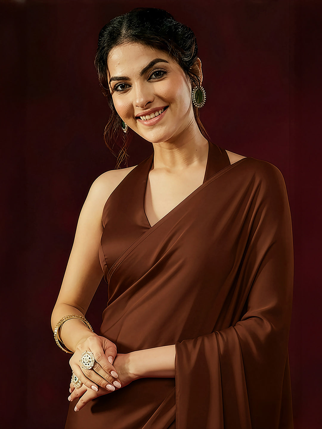 Ninnique Women's Rust Satin Ready To Wear Saree with Unstitched Blouse