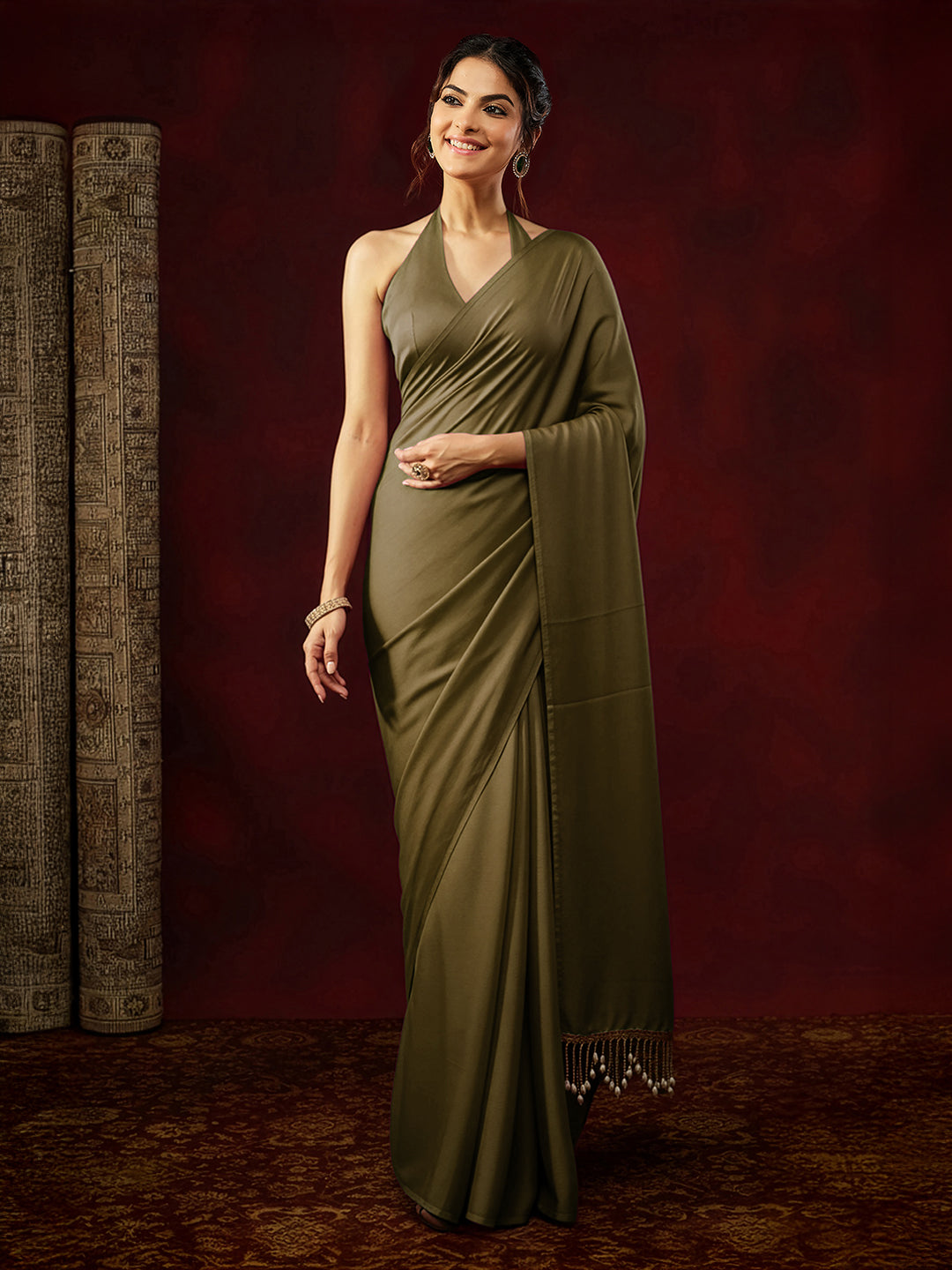 Ninnique Women's Olive Satin Ready To Wear Embellished Saree with Unstitched Blouse