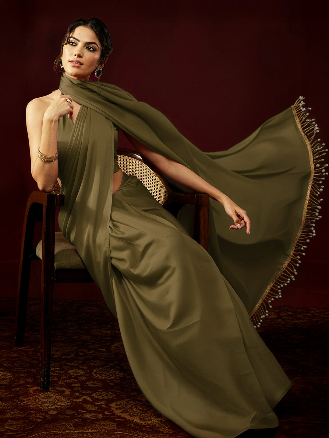 Ninnique Women's Olive Satin Ready To Wear Embellished Saree with Unstitched Blouse