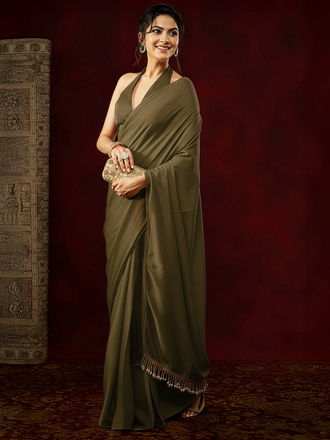 Ninnique Women's Olive Satin Ready To Wear Embellished Saree with Unstitched Blouse