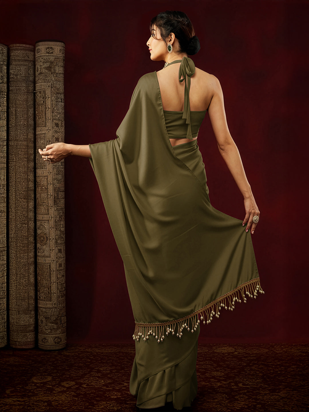 Ninnique Women's Olive Satin Ready To Wear Embellished Saree with Unstitched Blouse