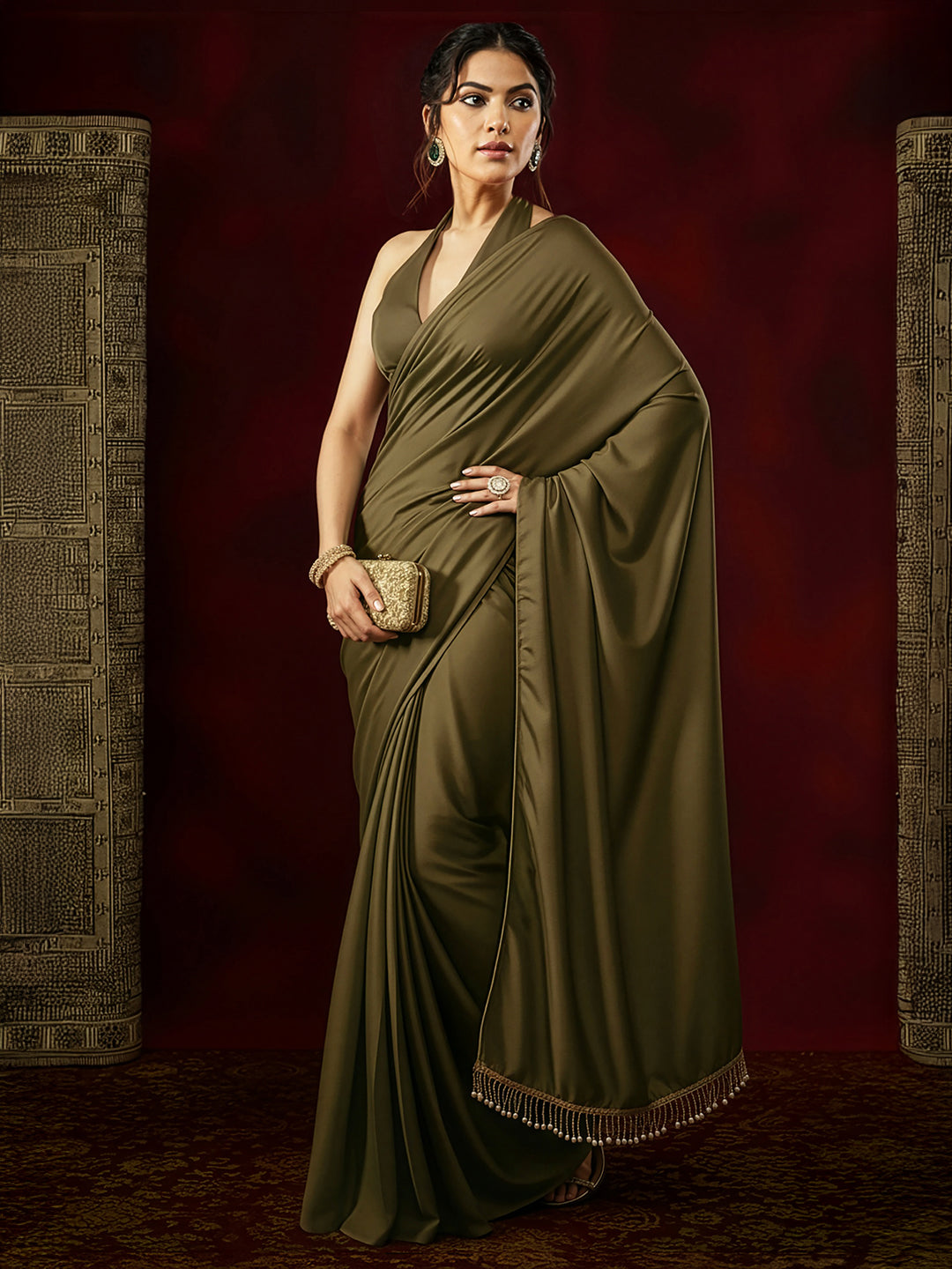 Ninnique Women's Olive Satin Ready To Wear Embellished Saree with Unstitched Blouse