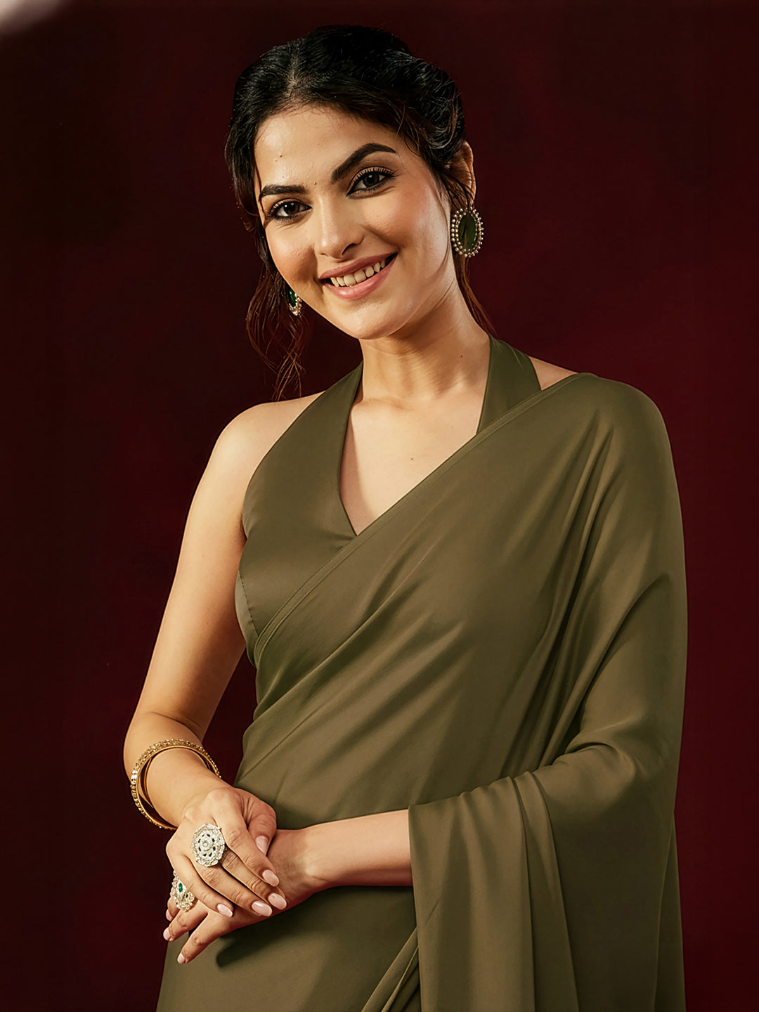 Ninnique Women's Olive Satin Ready To Wear Embellished Saree with Unstitched Blouse