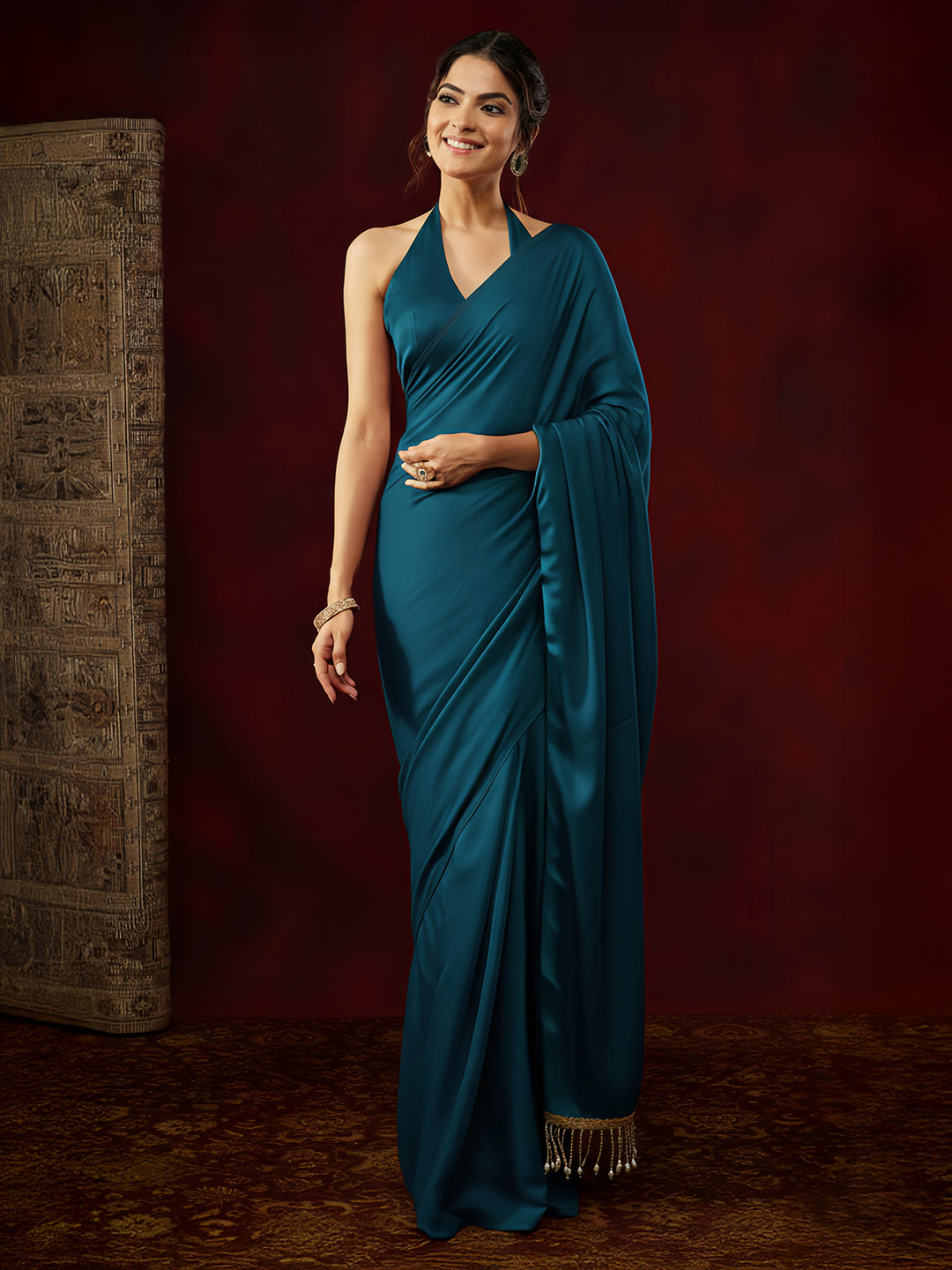 Ninnique Women's Turquoise Satin Ready To Wear Embellished Saree with Unstitched Blouse