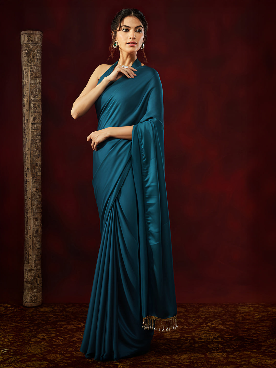 Ninnique Women's Turquoise Satin Ready To Wear Embellished Saree with Unstitched Blouse