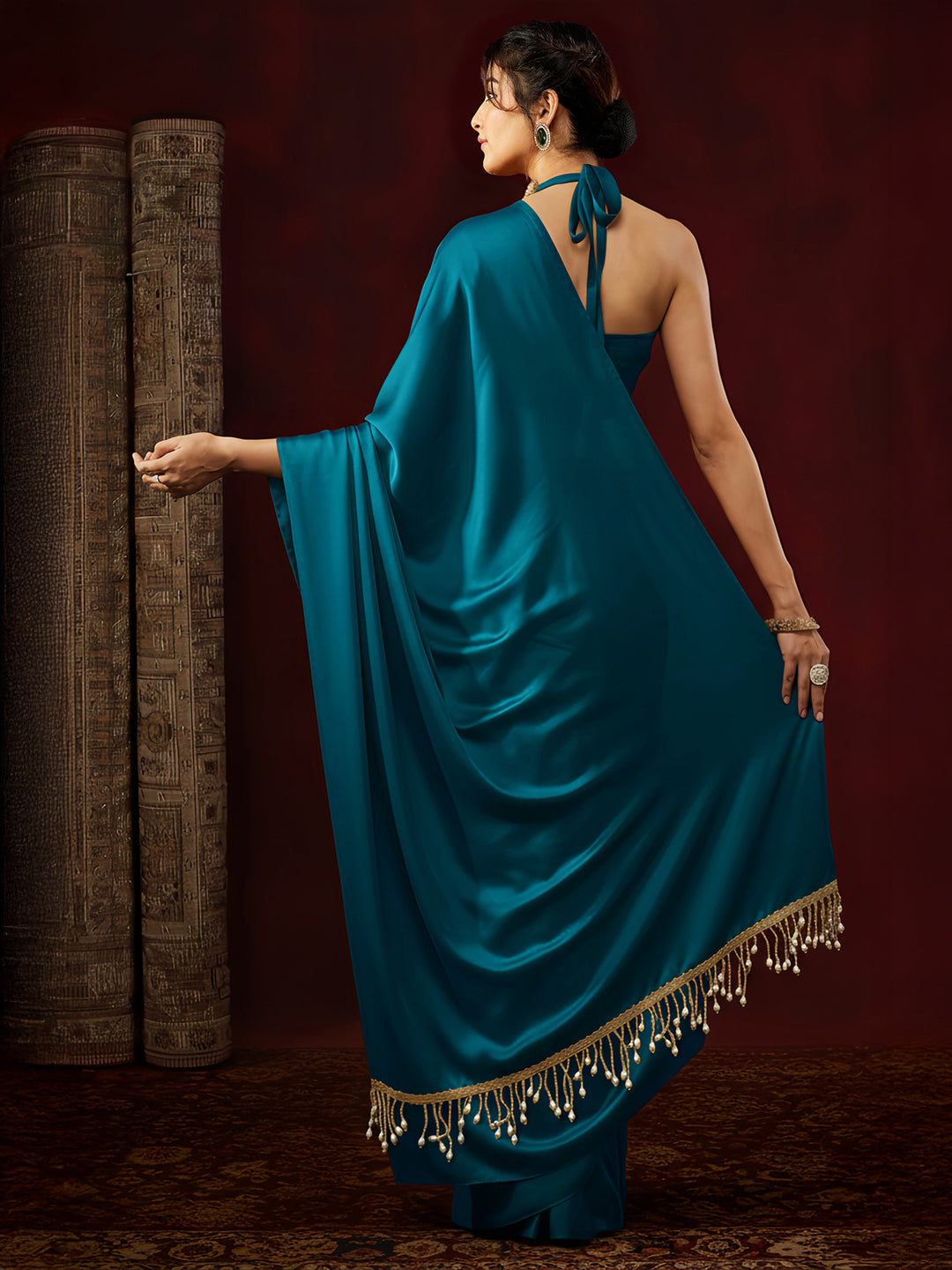 Ninnique Women's Turquoise Satin Ready To Wear Embellished Saree with Unstitched Blouse