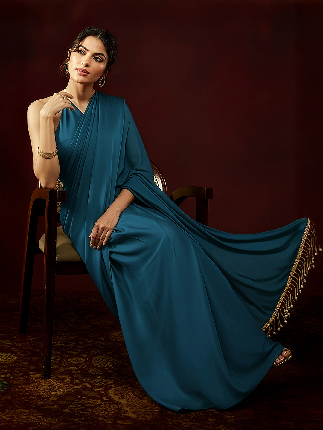 Ninnique Women's Turquoise Satin Ready To Wear Embellished Saree with Unstitched Blouse