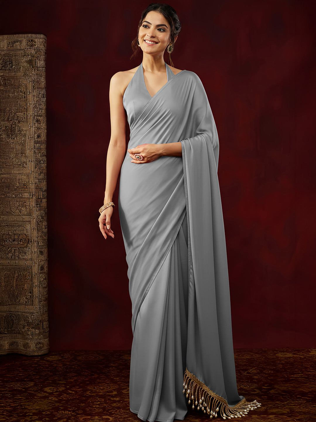Ninnique Women's Grey Satin Ready To Wear Embellished Saree with Unstitched Blouse