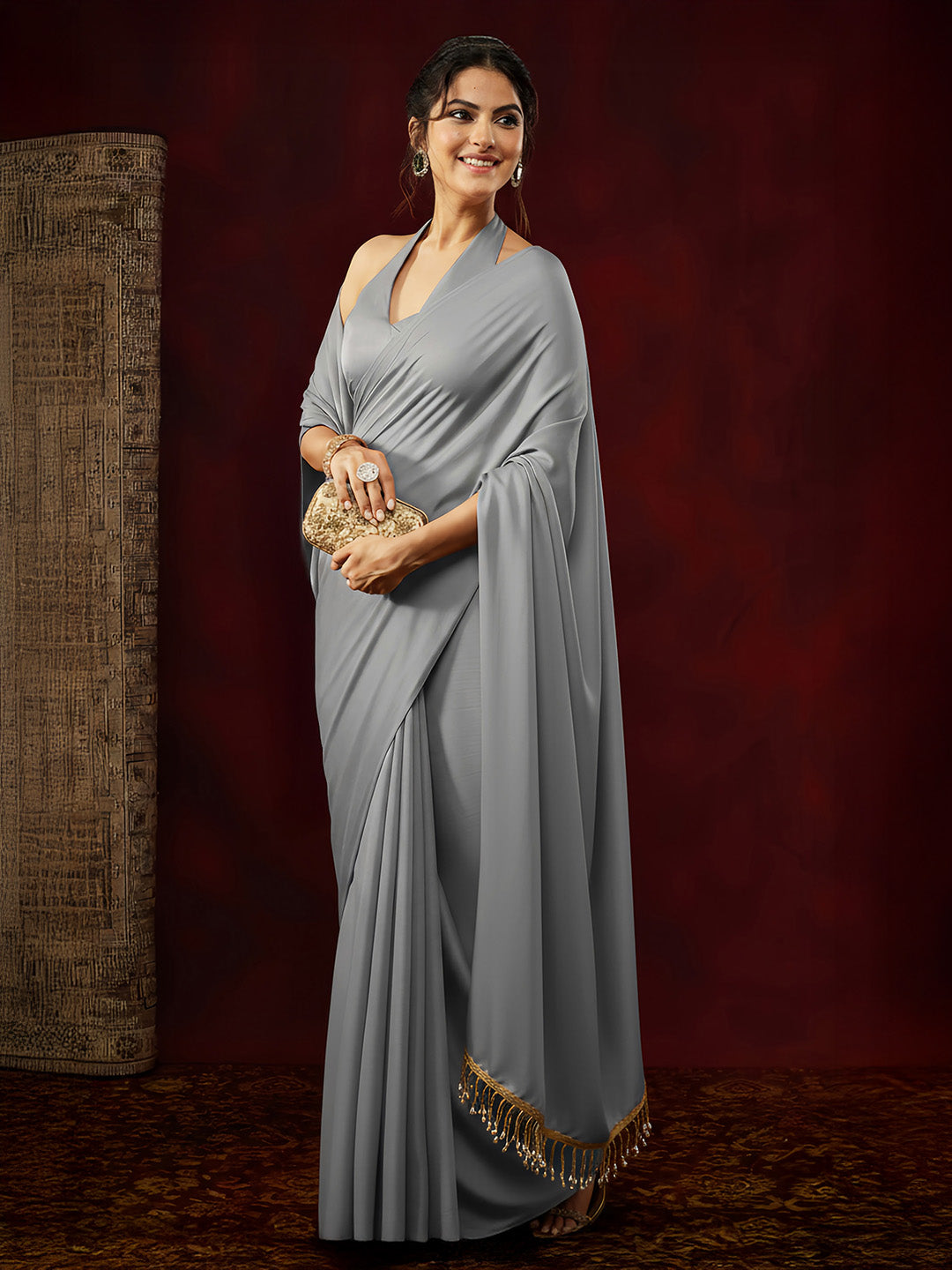 Ninnique Women's Grey Satin Ready To Wear Embellished Saree with Unstitched Blouse