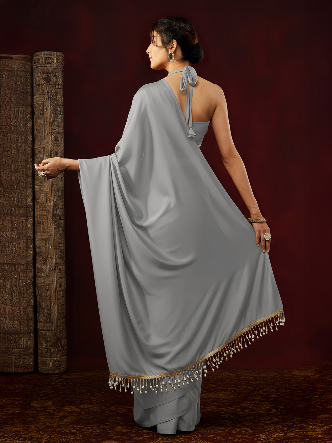 Ninnique Women's Grey Satin Ready To Wear Embellished Saree with Unstitched Blouse