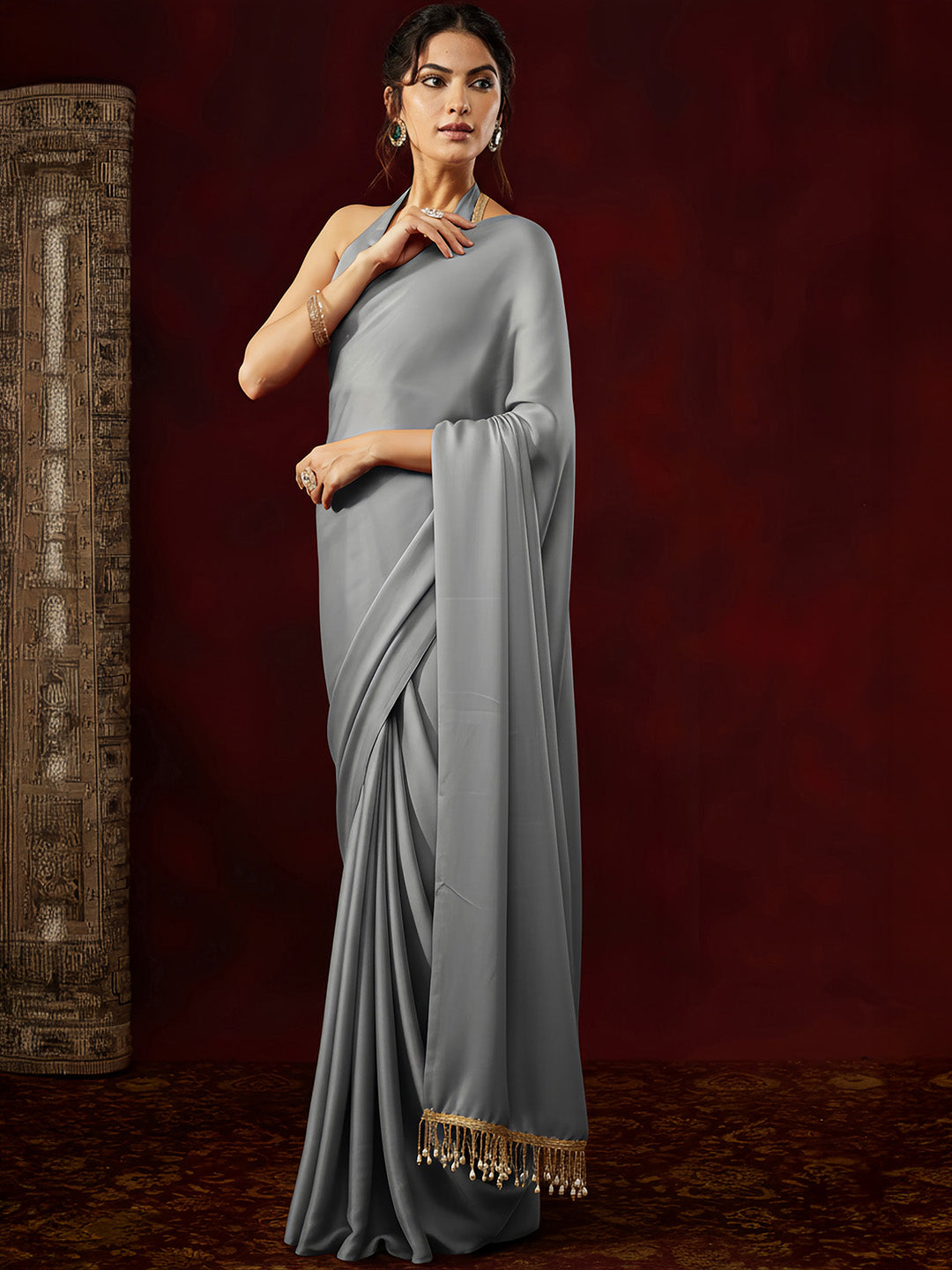 Ninnique Women's Grey Satin Ready To Wear Embellished Saree with Unstitched Blouse