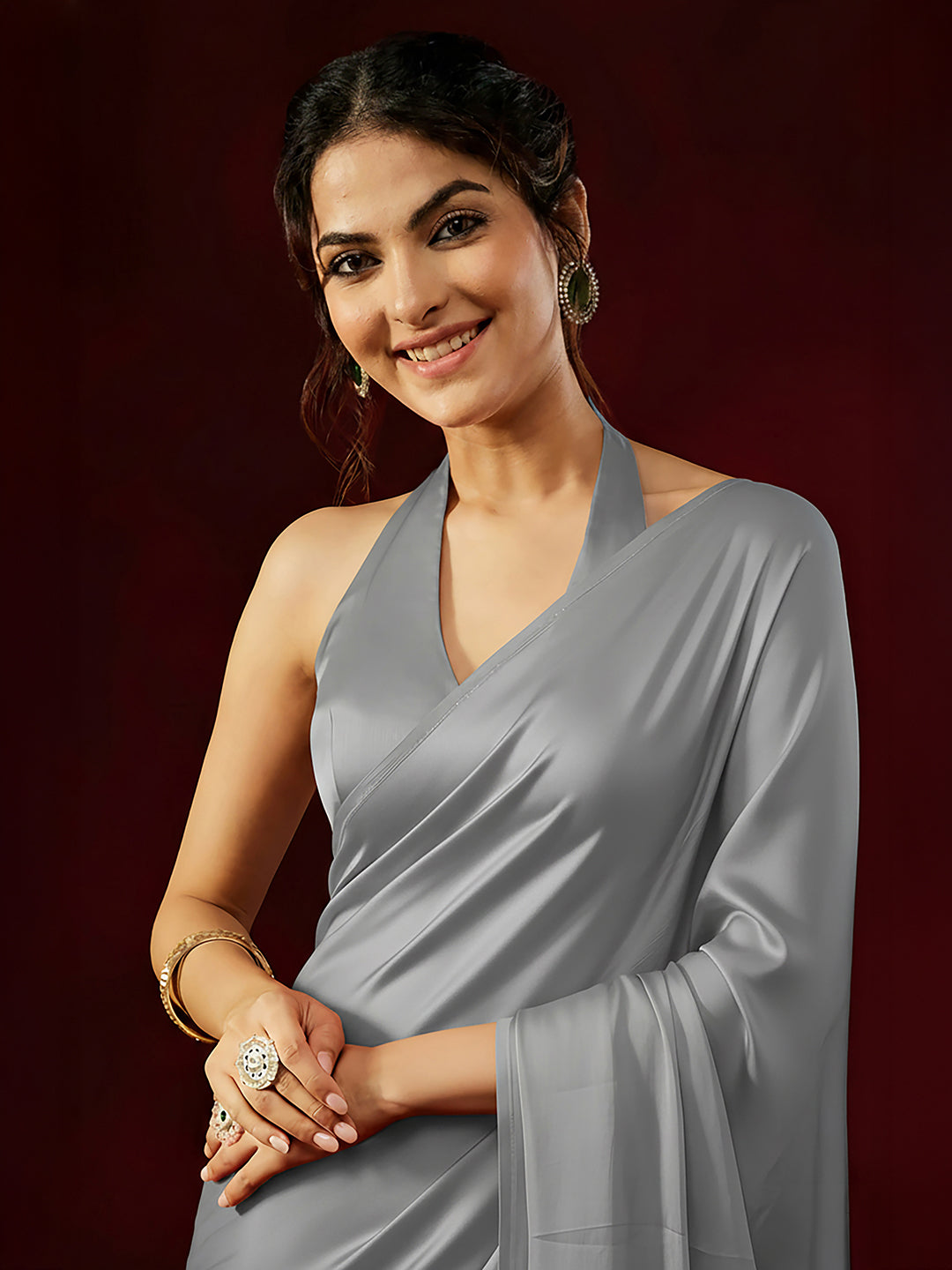 Ninnique Women's Grey Satin Ready To Wear Embellished Saree with Unstitched Blouse