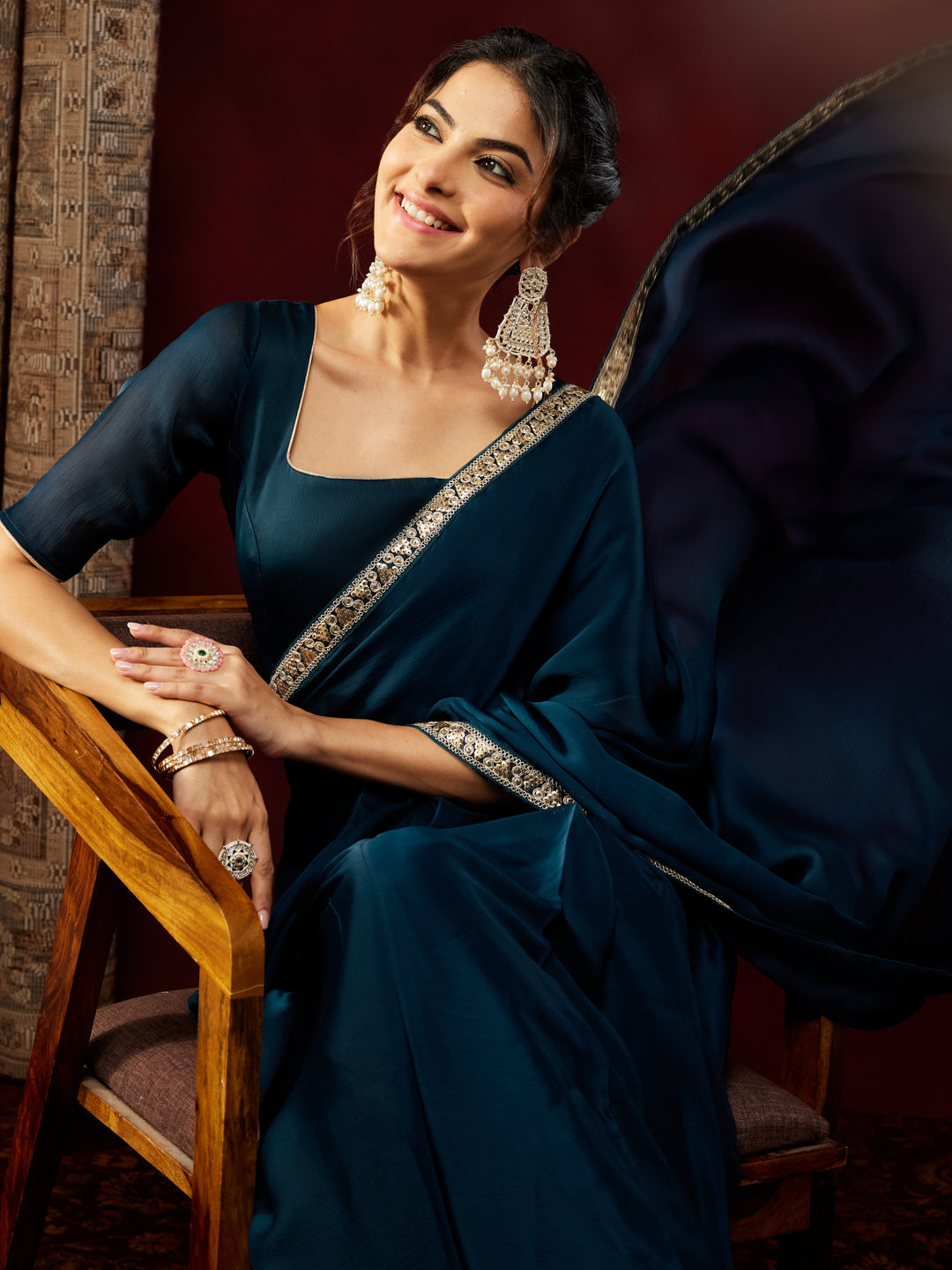 Ninnique Women's Teal Blue Silk Blend Ready To Wear Embellished Saree with Unstitched Blouse