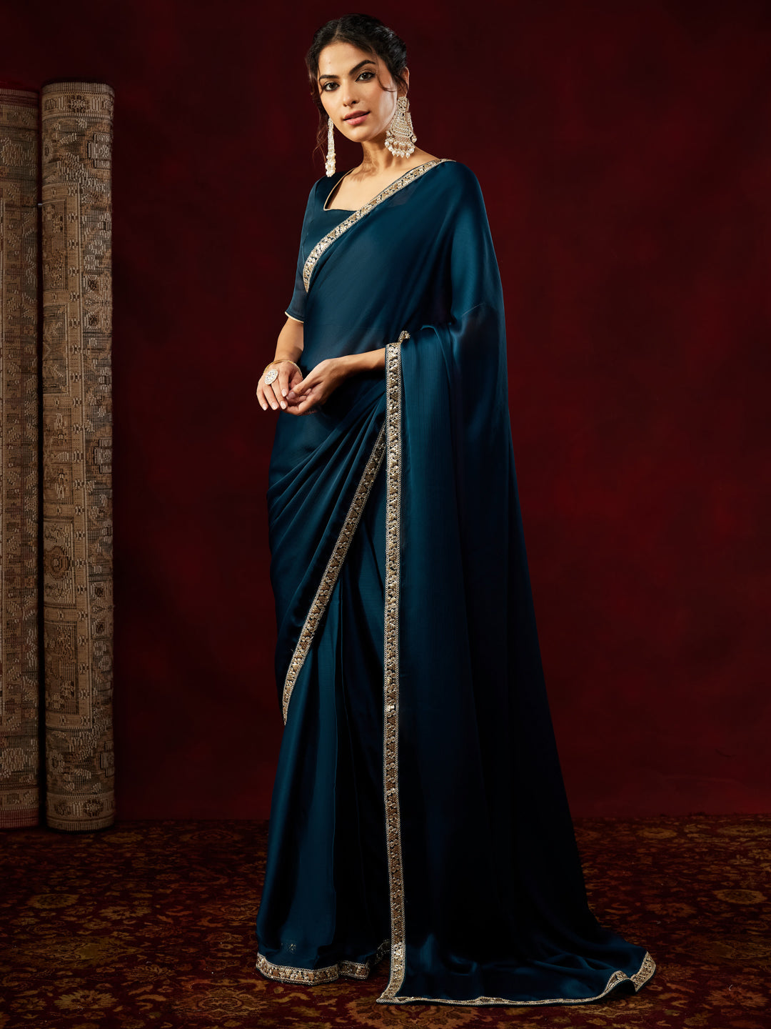Ninnique Women's Teal Blue Silk Blend Ready To Wear Embellished Saree with Unstitched Blouse