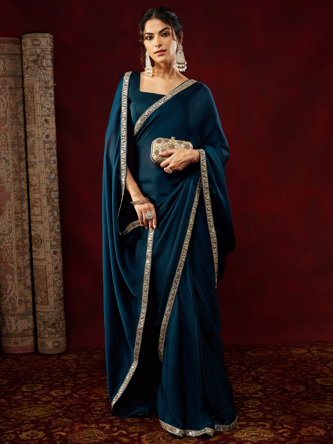 Ninnique Women's Teal Blue Silk Blend Ready To Wear Embellished Saree with Unstitched Blouse