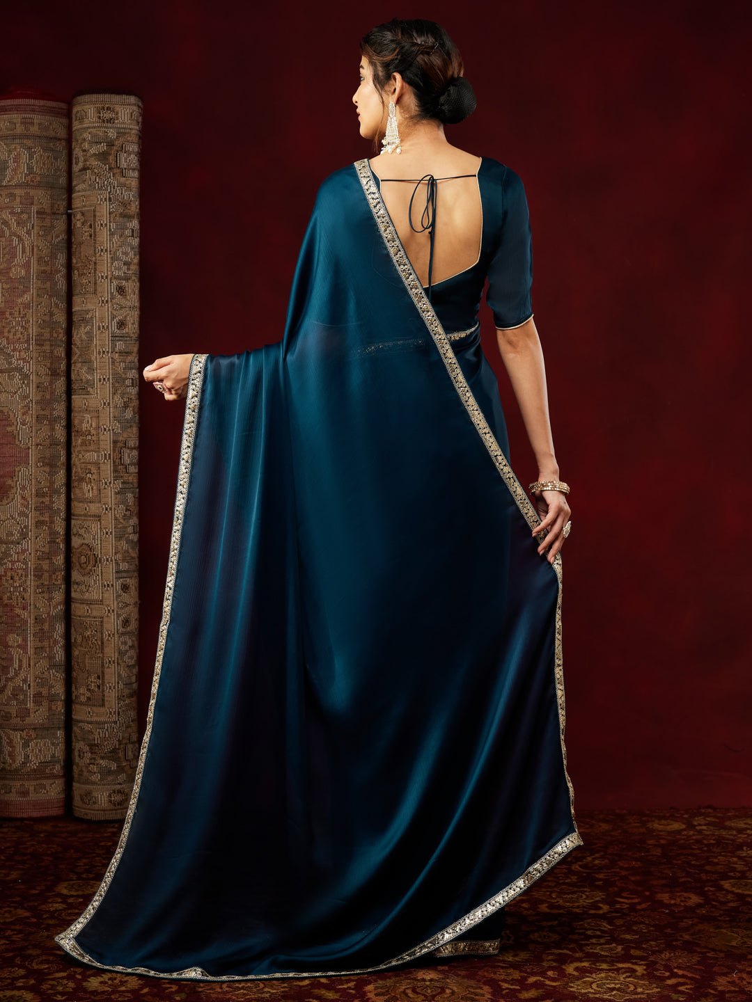 Ninnique Women's Teal Blue Silk Blend Ready To Wear Embellished Saree with Unstitched Blouse