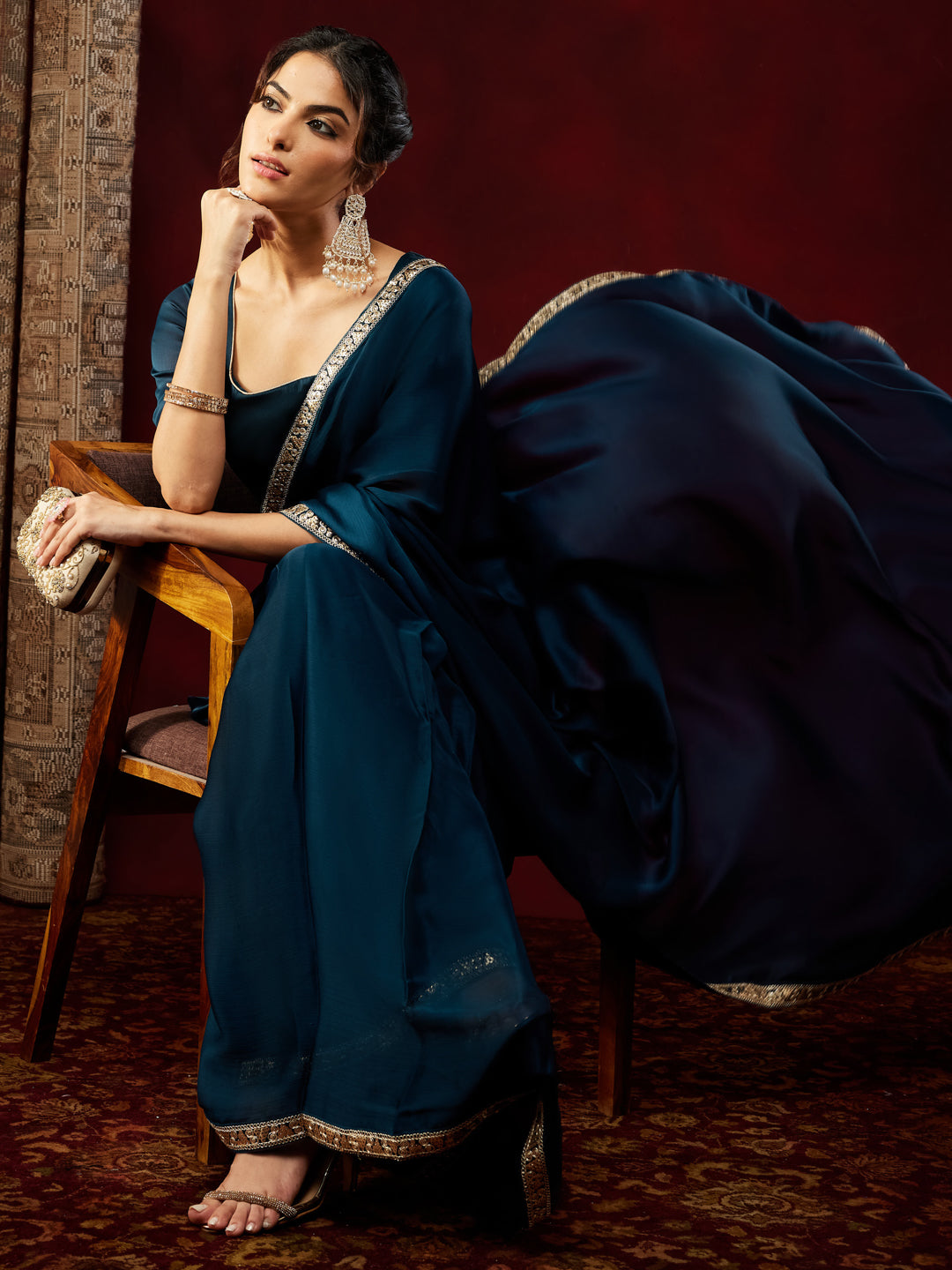 Ninnique Women's Teal Blue Silk Blend Ready To Wear Embellished Saree with Unstitched Blouse