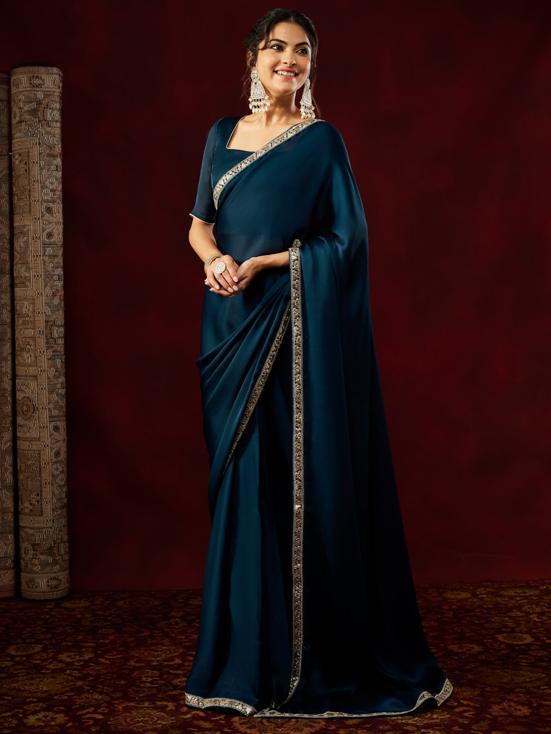 Ninnique Women's Teal Blue Silk Blend Ready To Wear Embellished Saree with Unstitched Blouse