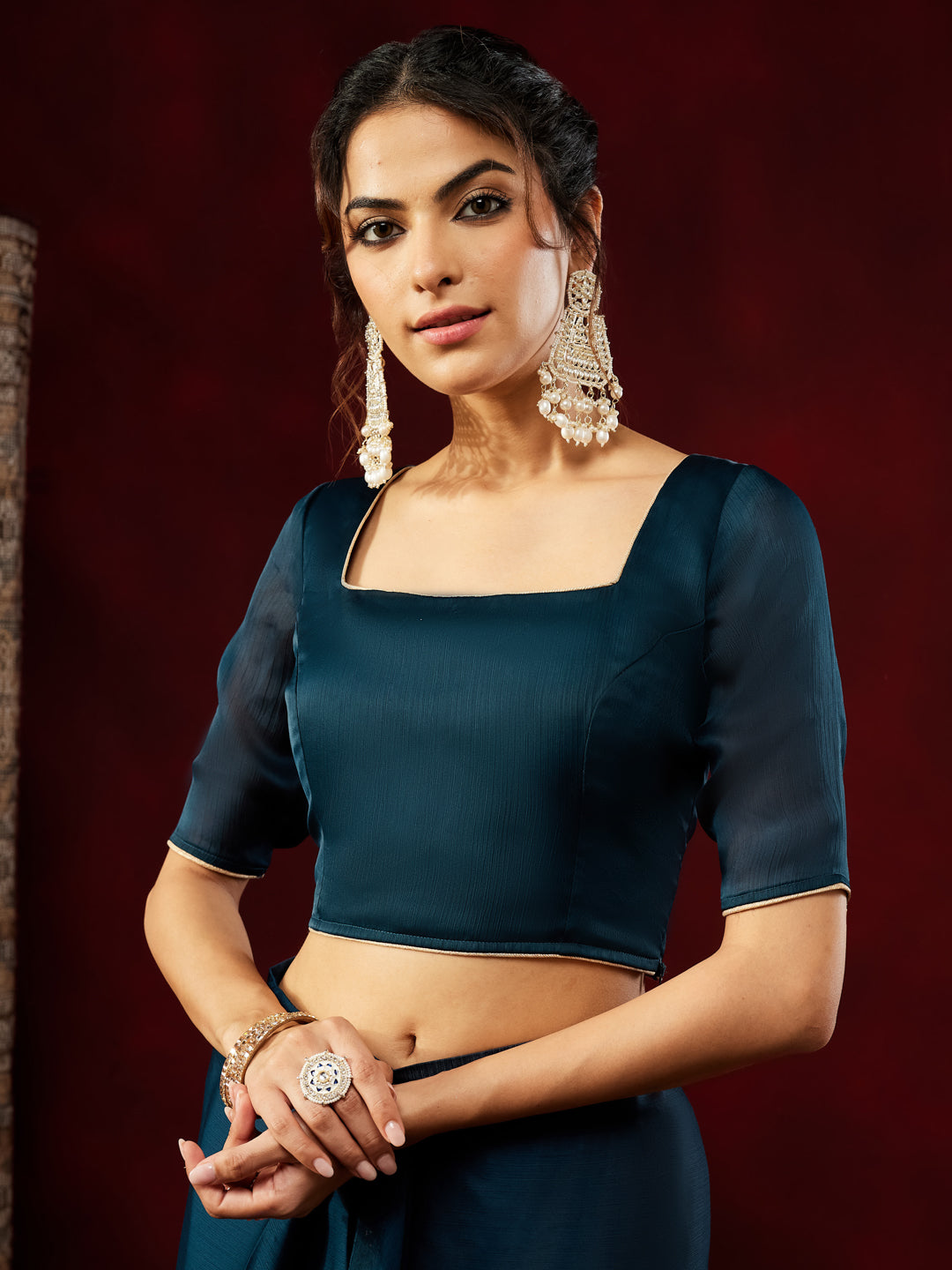 Ninnique Women's Teal Blue Silk Blend Ready To Wear Embellished Saree with Unstitched Blouse