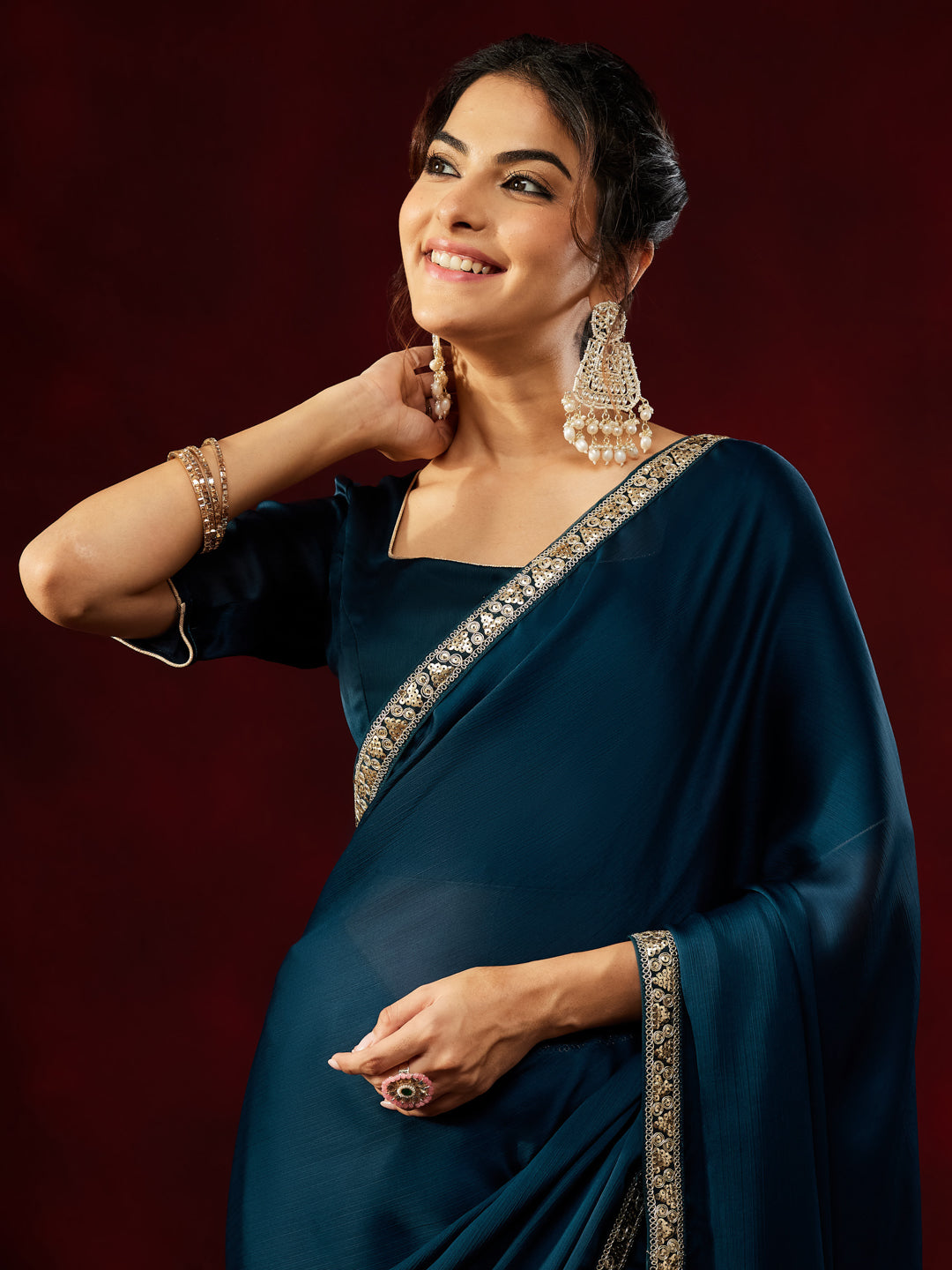 Ninnique Women's Teal Blue Silk Blend Ready To Wear Embellished Saree with Unstitched Blouse