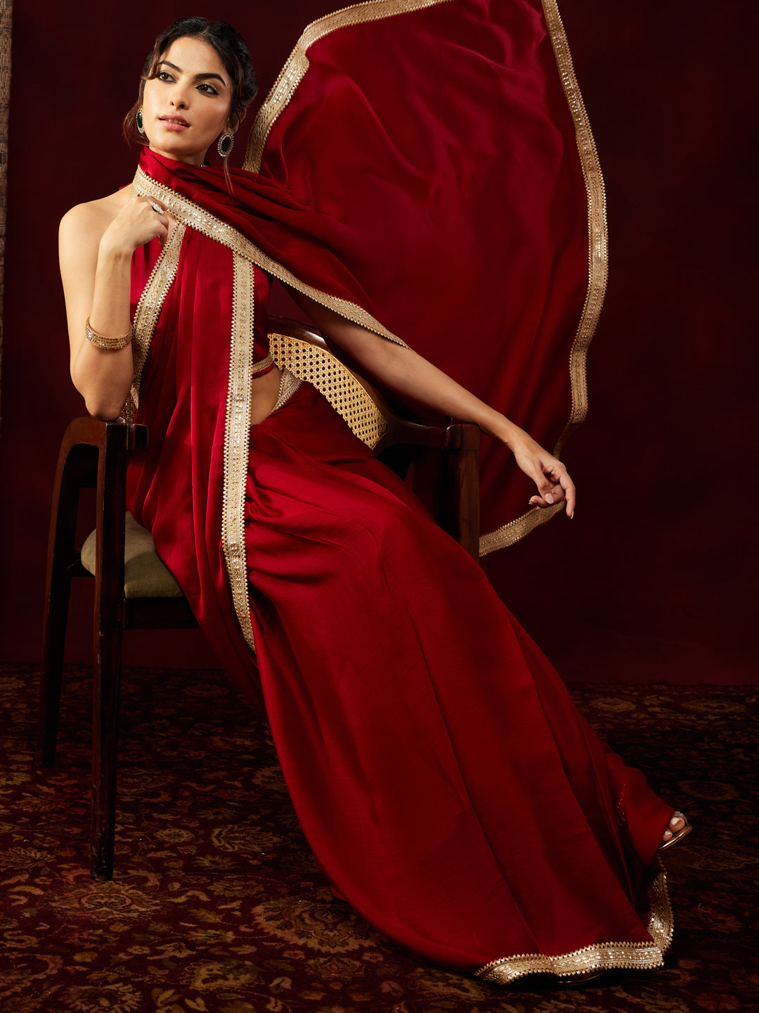 Ninnique Women's Red Silk Blend Ready To Wear Embellished Saree with Unstitched Blouse