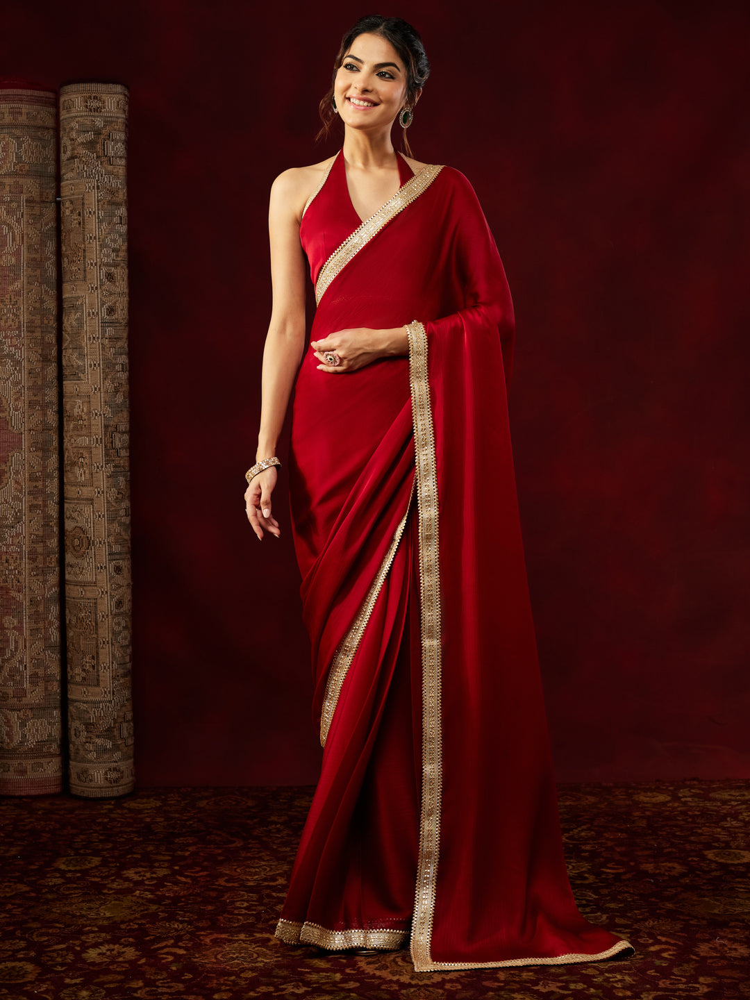 Ninnique Women's Red Silk Blend Ready To Wear Embellished Saree with Unstitched Blouse