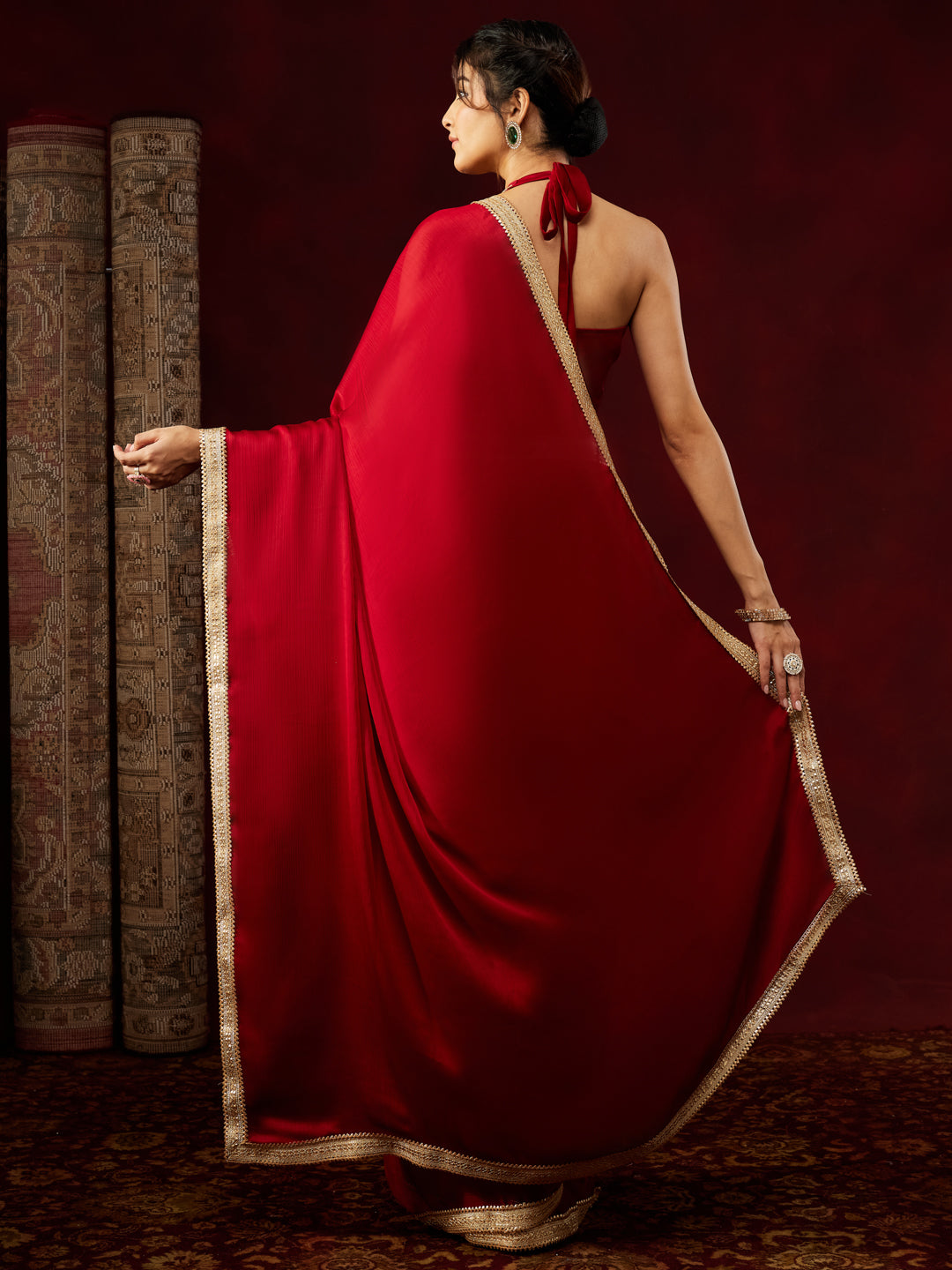 Ninnique Women's Red Silk Blend Ready To Wear Embellished Saree with Unstitched Blouse