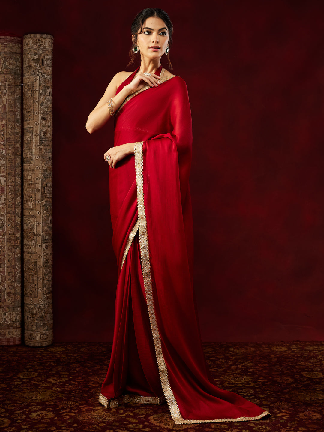 Ninnique Women's Red Silk Blend Ready To Wear Embellished Saree with Unstitched Blouse