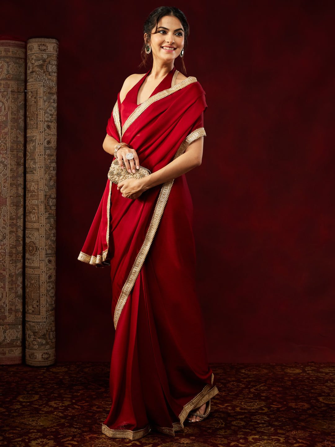 Ninnique Women's Red Silk Blend Ready To Wear Embellished Saree with Unstitched Blouse